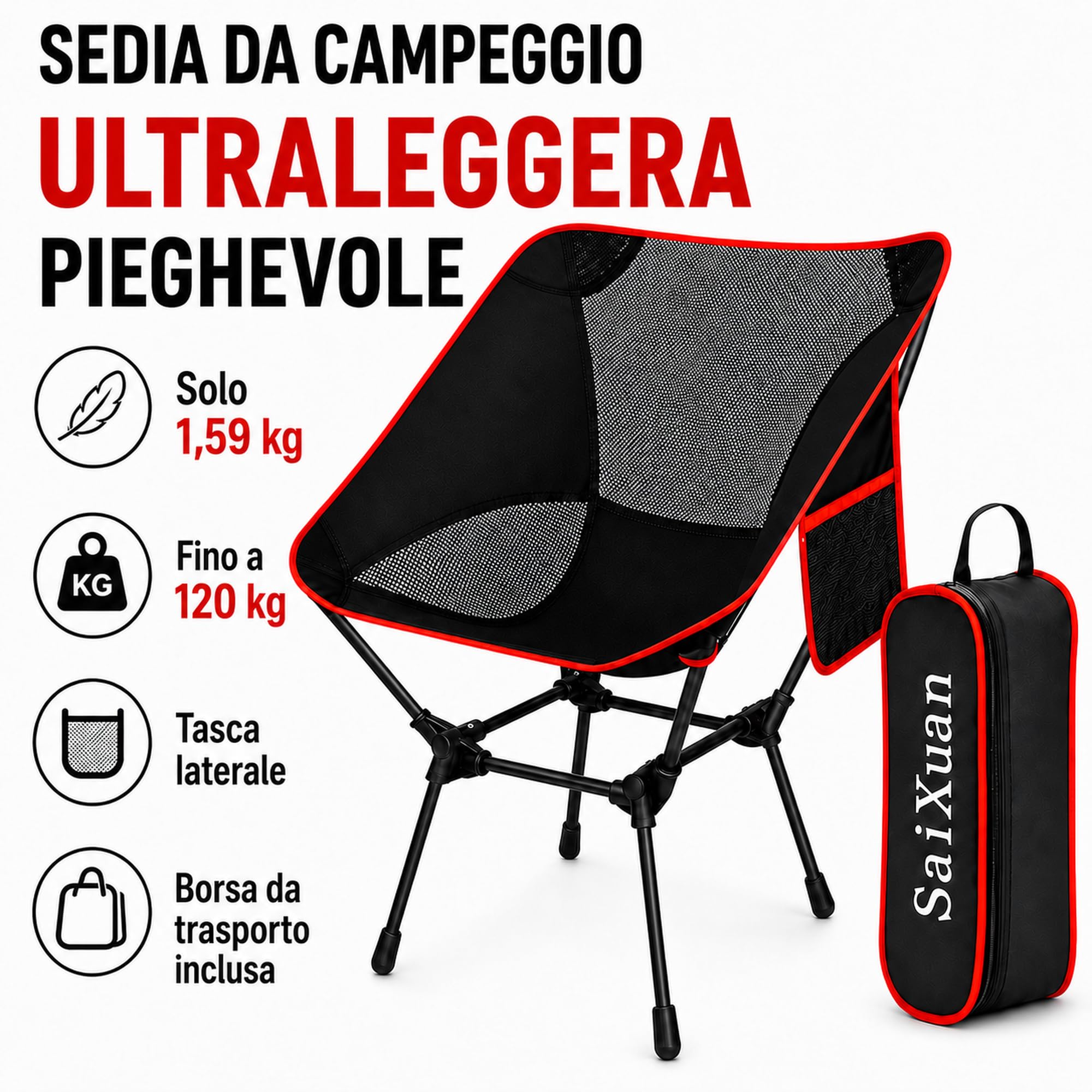 Sedia da Campeggio Pieghevole Portatile fino a 1 20 kg, Moon Chair Outdoor in Oxford 900D con Tasca Laterale e Borsa da Trasporto, per Spiaggia Pesca Picnic Giardino