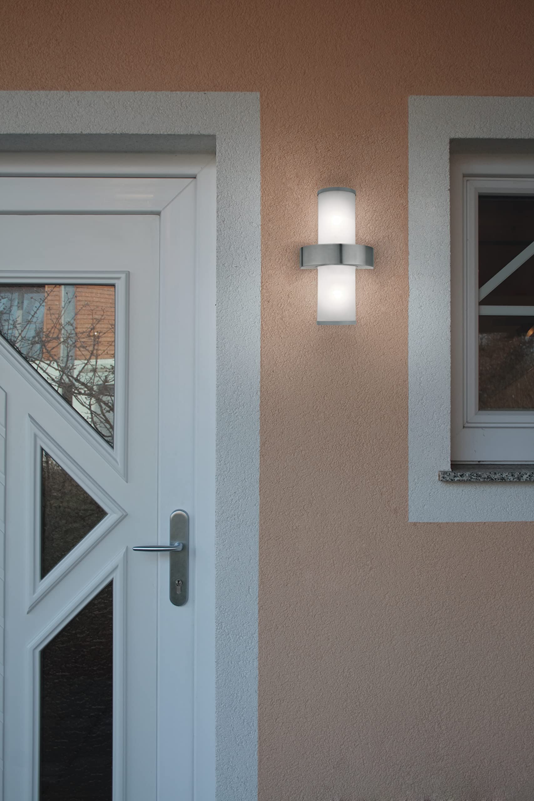Eglo Beverly Lampada da parete per esterni, lampada da esterno a 2 | luci, applique in acciaio inox argentata e con vetro bianco satinato, attacco E27, IP44