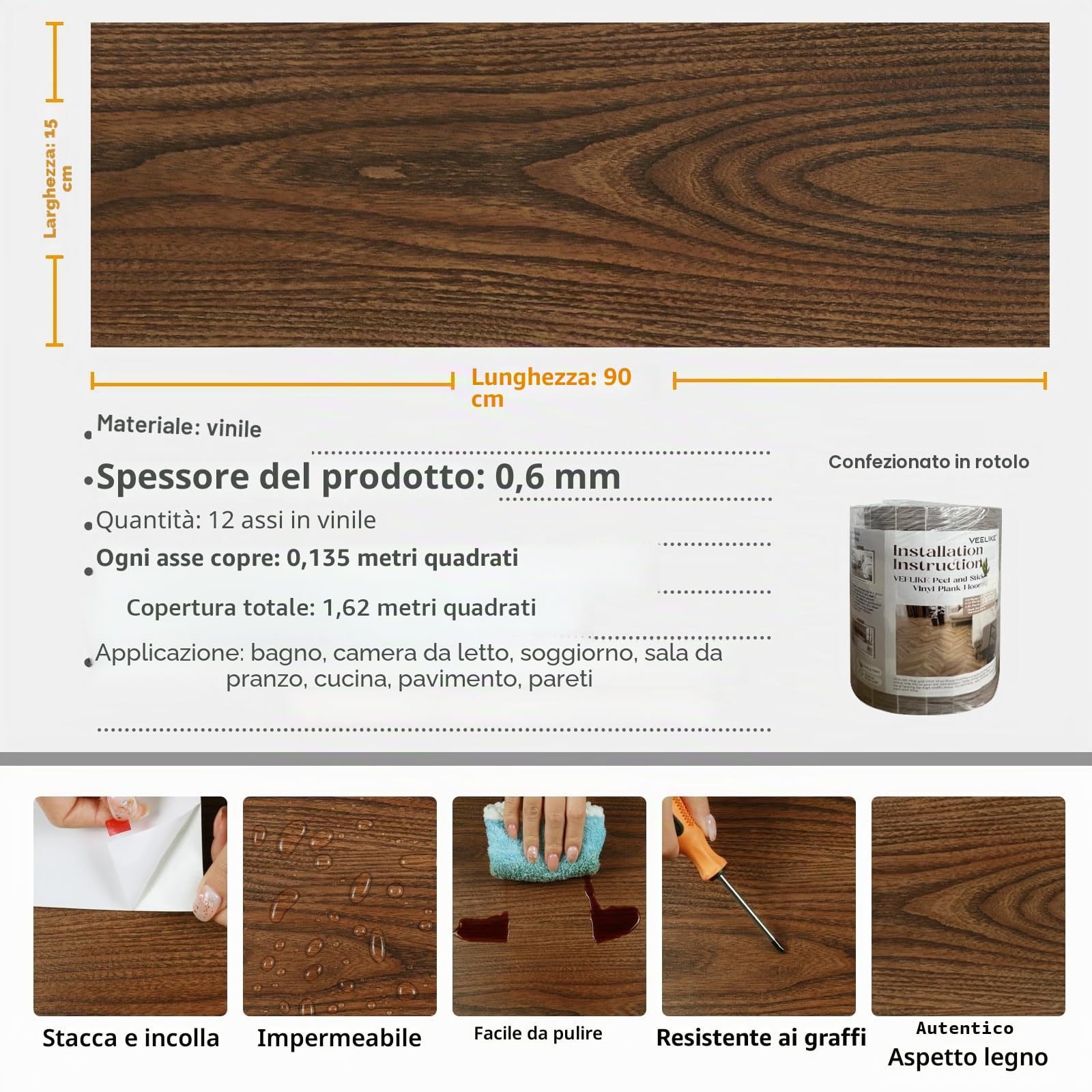VEELIKE Pavimento PVC Adesivo Effetto Legno Marrone Piastrelle Adesive Pavimento Bagno Impermeabile Pavimento in PVC Effetto Legno Vintage Mattonelle Adesive Cucina Pavimento Garage 90cmx15cm 12 Pezzi