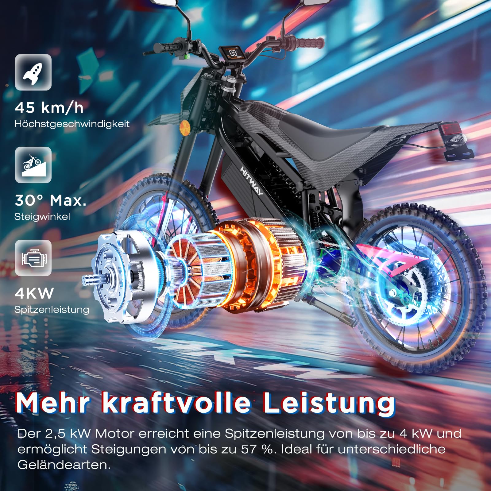 HITWAY HT500 Elektrisches Offroad-Motorrad, 4000W Spitzenleistung bürstenloser Motor, 60V 27Ah Lithium-Akku, bis zu 45 km/h, 45–60 km Reichweite, hydraulische Scheibenbremsen, EEC-zugelassen mit COC