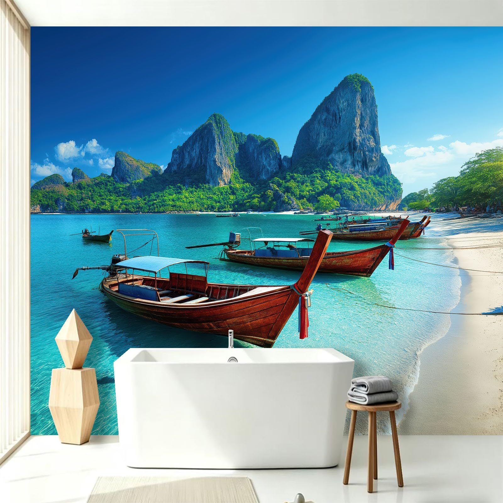 Générique Tapeta z włókniny z naturalnego krajobrazu 250 x 175 cm, tapeta plażowa drewniana łódka panoramiczne zdjęcie, łatwa do zainstalowania dekoracja ścienna do salonu, sypialni, kuchni