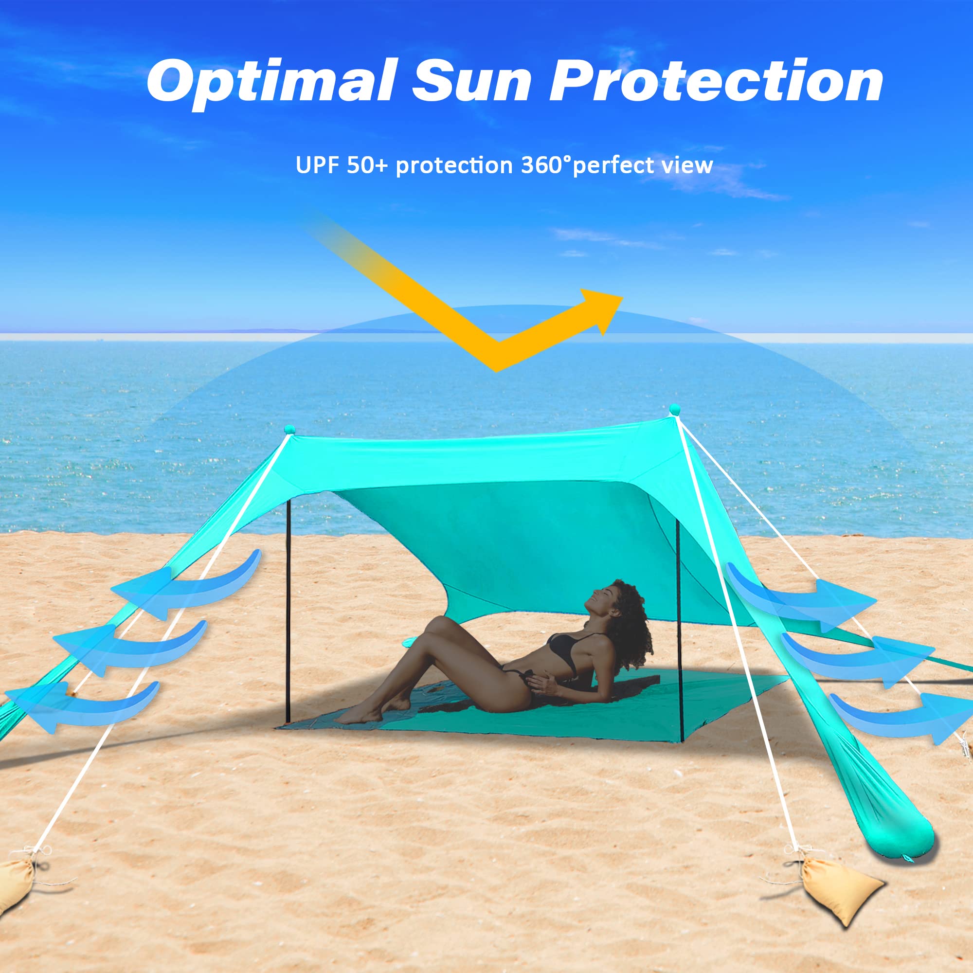 Tenda da spiaggia, parasole portatile, con protezione UV UPF 50+, ancoraggio a sabbia e aste in alluminio per spiaggia, cortili, campeggio, pesca e picnic, 2 x 2 x 2 m, verde blu
