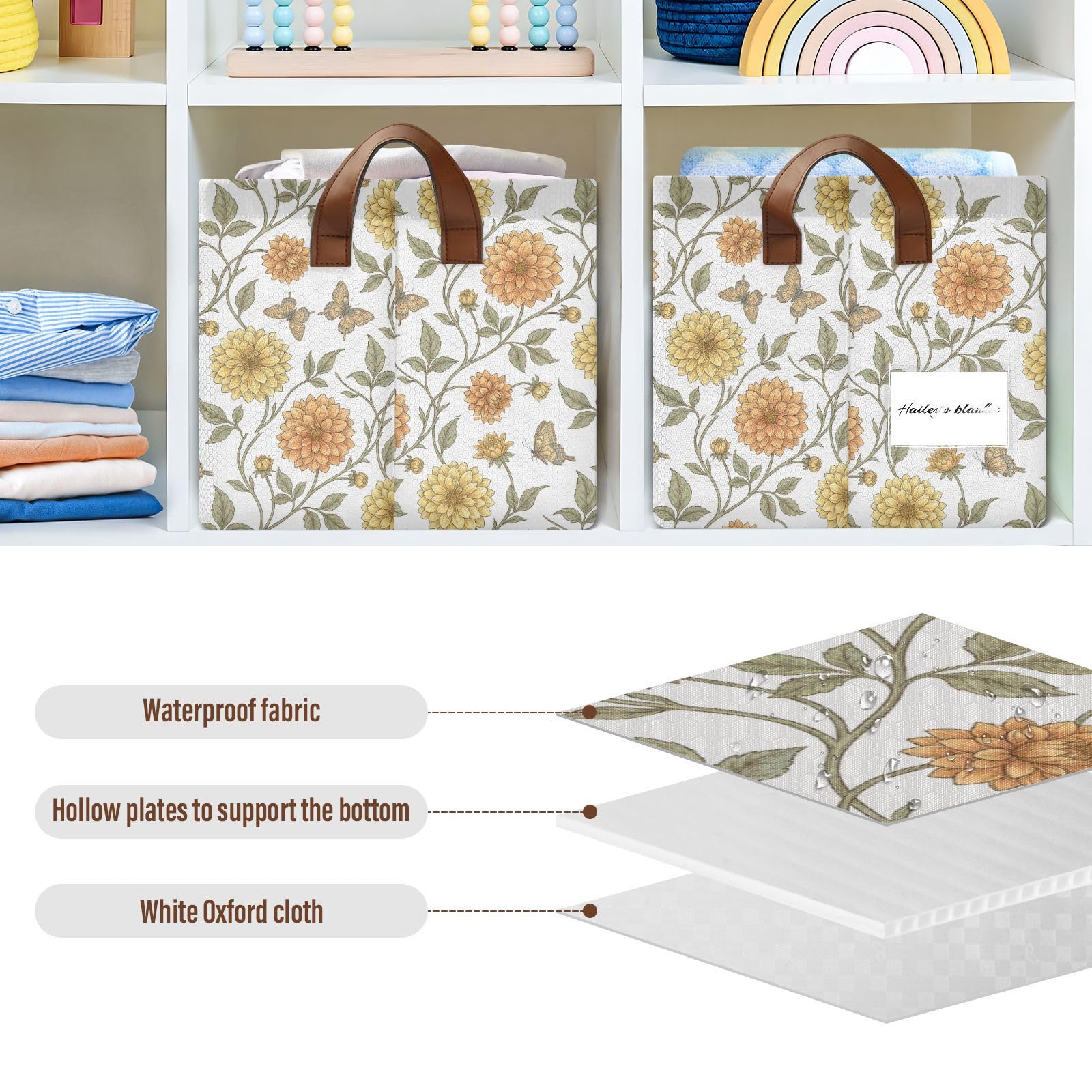 KLL Dahlia_butterfly_william_morris_pattern Kosze do przechowywania na półki z uchwytami, dekoracyjne, duże pojemniki na książki, ręczniki i ubrania, 2-pak cajas de madera para organizar