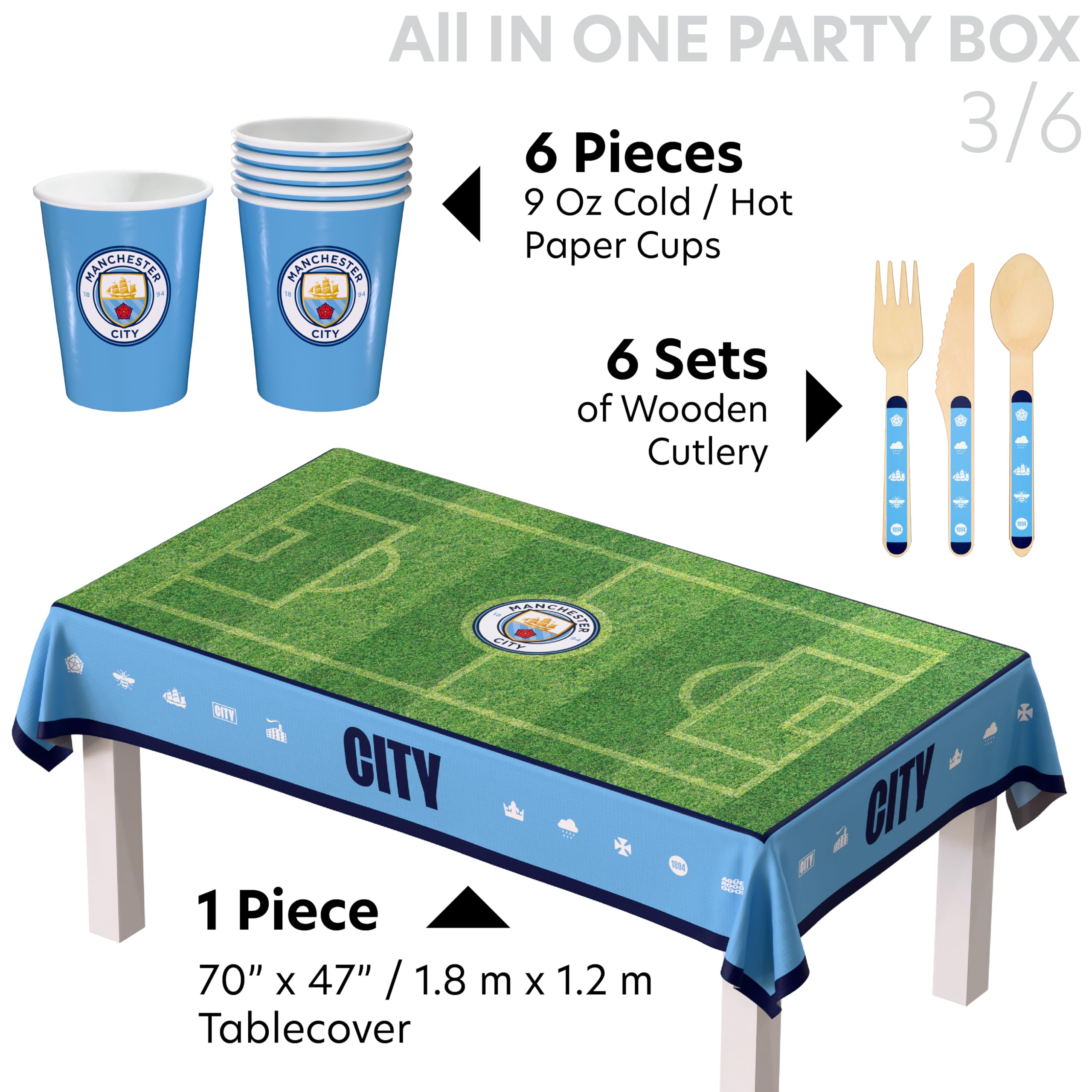 77 szt. ALL-IN-ONE ManCity FC Matchday Party Box dla 6 gości jednorazowa zastawa stołowa, z kulteriami, dekoracjami, balonami foliowymi z dżerseju, upominki na przyjęcie i bezpieczne dla żywności