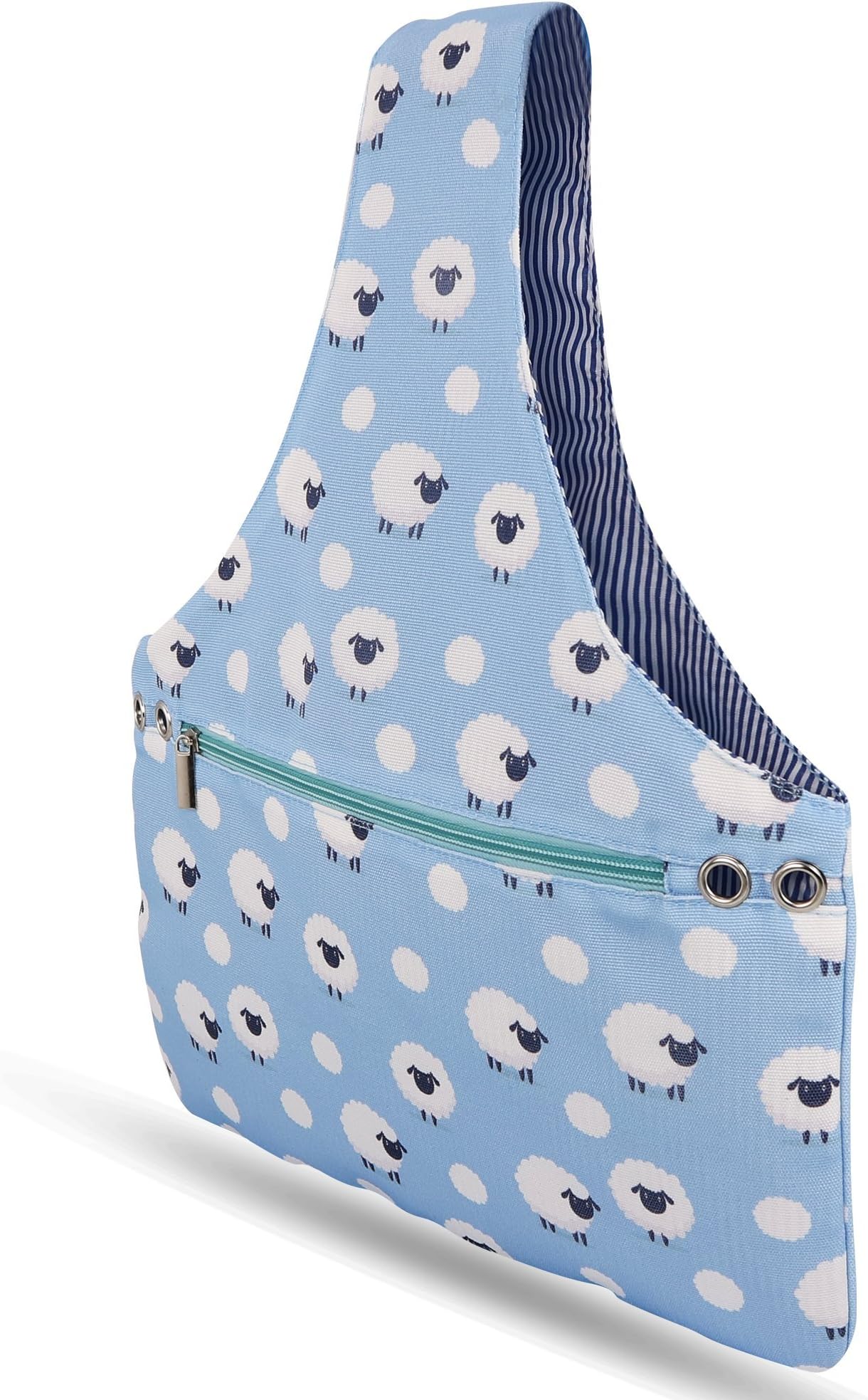 JamieCraft Yarn Bag Organizer โ Portable, Light, and Easy to Carry Canvas Wrist Bag for Crochet and Knitting On The Go, Project Bag Tote Holds Supplies and 14 Inch Needles or Hooks (Blue w/Sheep)