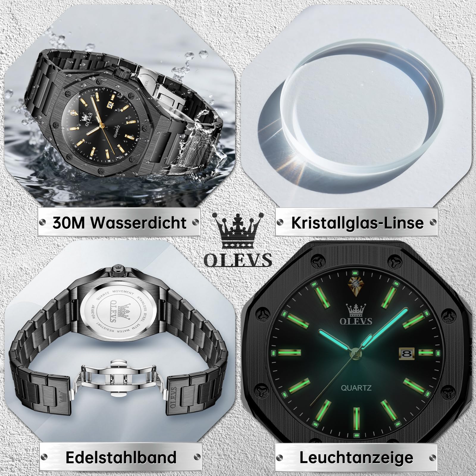 OLEVS Herrenuhr Silber Chronograph Luxus Schwarz Edelstahl Quarzuhr Herren