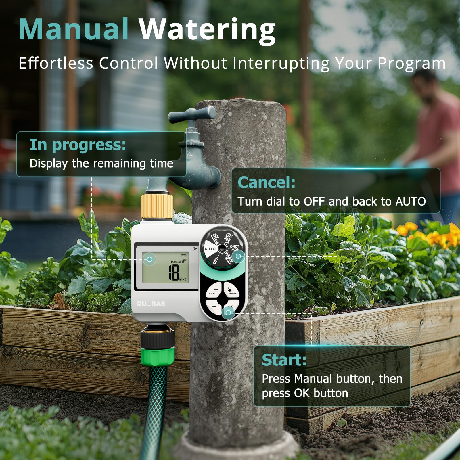 QUOBAS Irrigatore Timer per tubo da giardino, programmabile digitale in ottone con ritardo pioggia / automatico / manuale 3 modalità, piscina, prato, sistema di irrigazione a goccia, alimentato a
