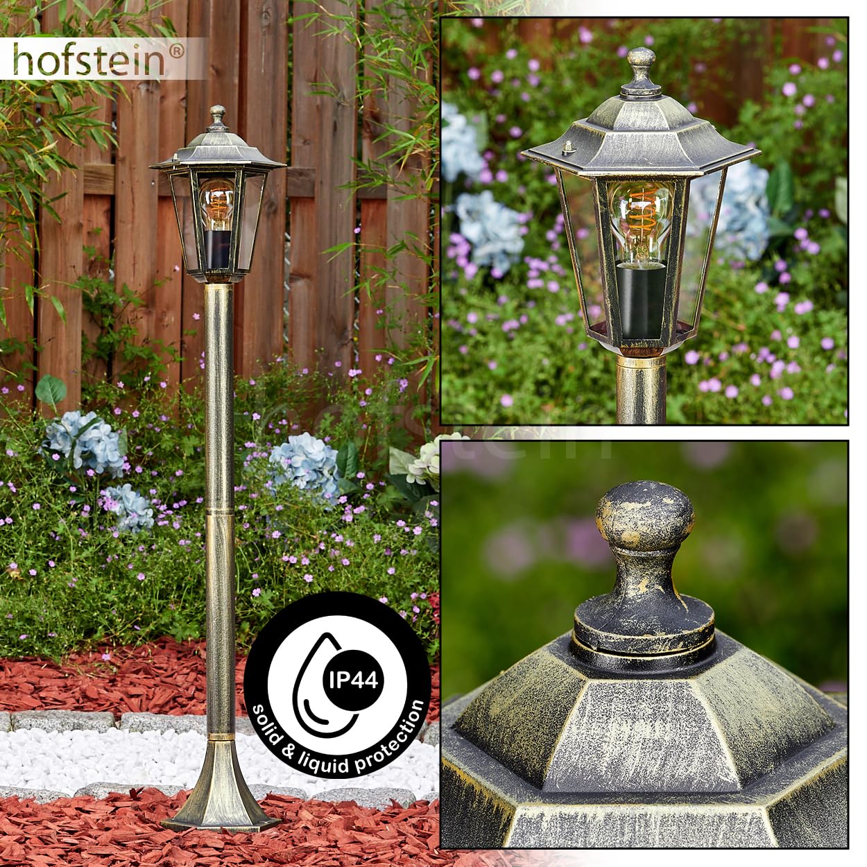 HOFSTEIN zewnętrzna lampa ścienna Loria, metalu/szkła w kolorze brązowym, złotym, przezroczystym, antycznym wyglądzie, wysokość 99 cm, lampa ogrodowa, oświetlenie ogrodowe IP44, 1 x E27 bez żarówki
