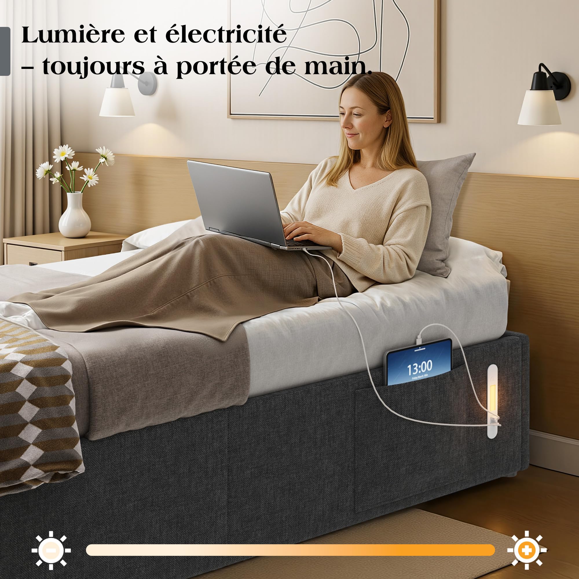 LUXOAK Lit 160x200 cm avec Rangement hydraulique, lumière LED, Ports USB, Poche latérale, Design Silencieux, Montage Facile, sans sommier, Gris
