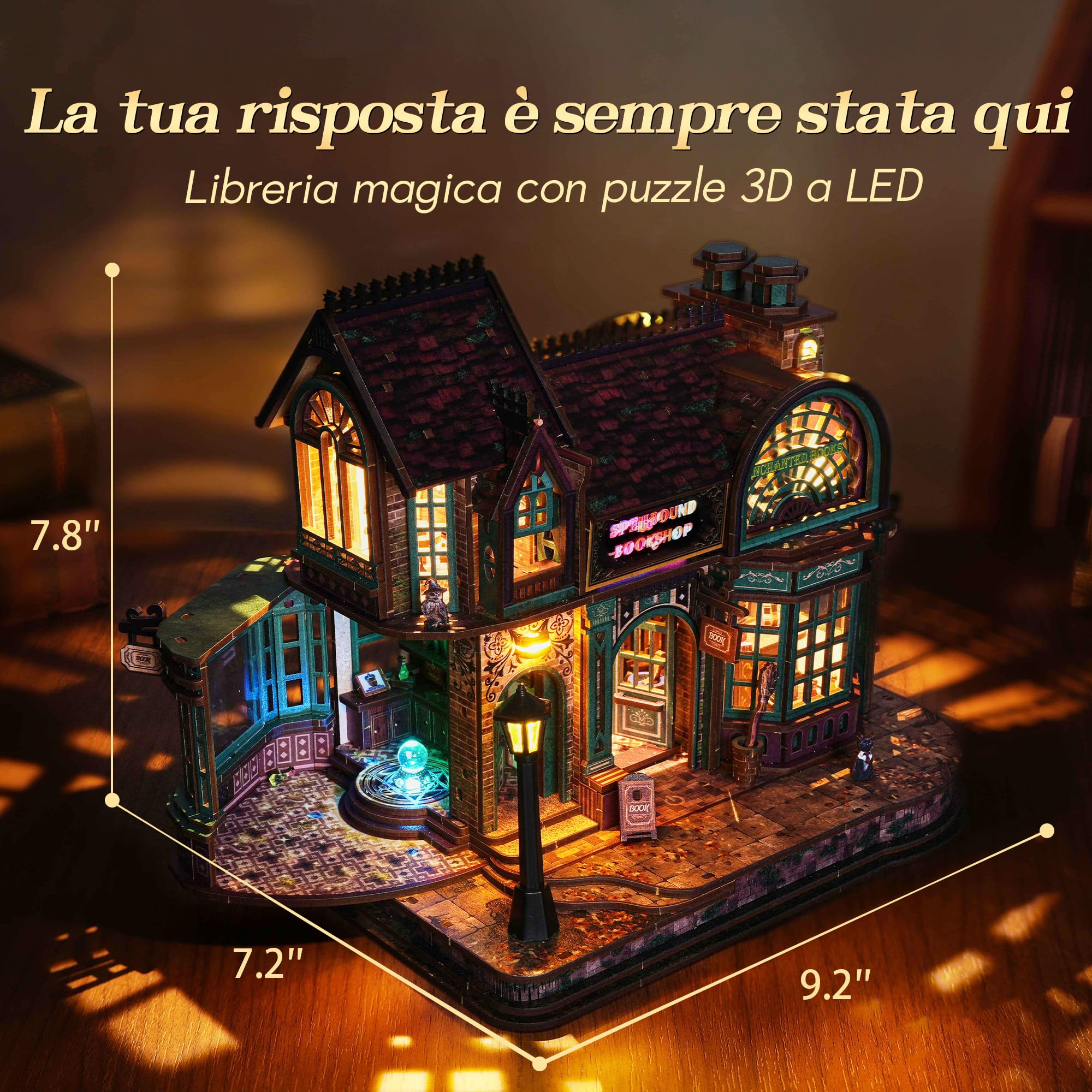 FUNPOLA Puzzle 3D in legno Libreria Magica con luci LED – Kit miniatura fai-da-te Spellbound Bookshop, decorazione per la casa e regalo creativo per adulti e ragazzi