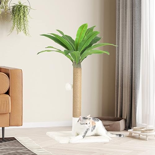 Miniatura 8 de MSmask Poste rascador para gatos de 32 pulgadas de alto con palmera artificial, poste de sisal de yute natural, poste para rascar gatos y gatos