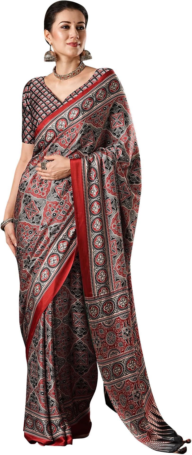 AKHILAM Women's Multicolor Crepe Polka Dot Printed Saree with Unstitched Blouse Piece(MOHAR101A_HS11_Parent)