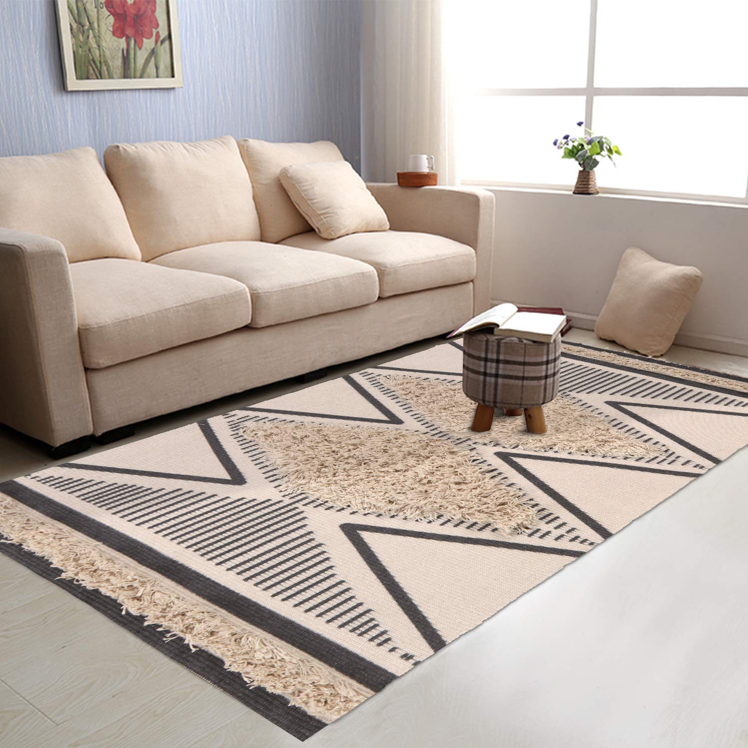 KIMODE 3' x 5' Boho Rug, Washable Tufted Cotton Geometric Bedroom Rug Hand Woven Farmhouse Tribal Floor Carpet Entryway Mat for Dining Room Living Room Bedroom