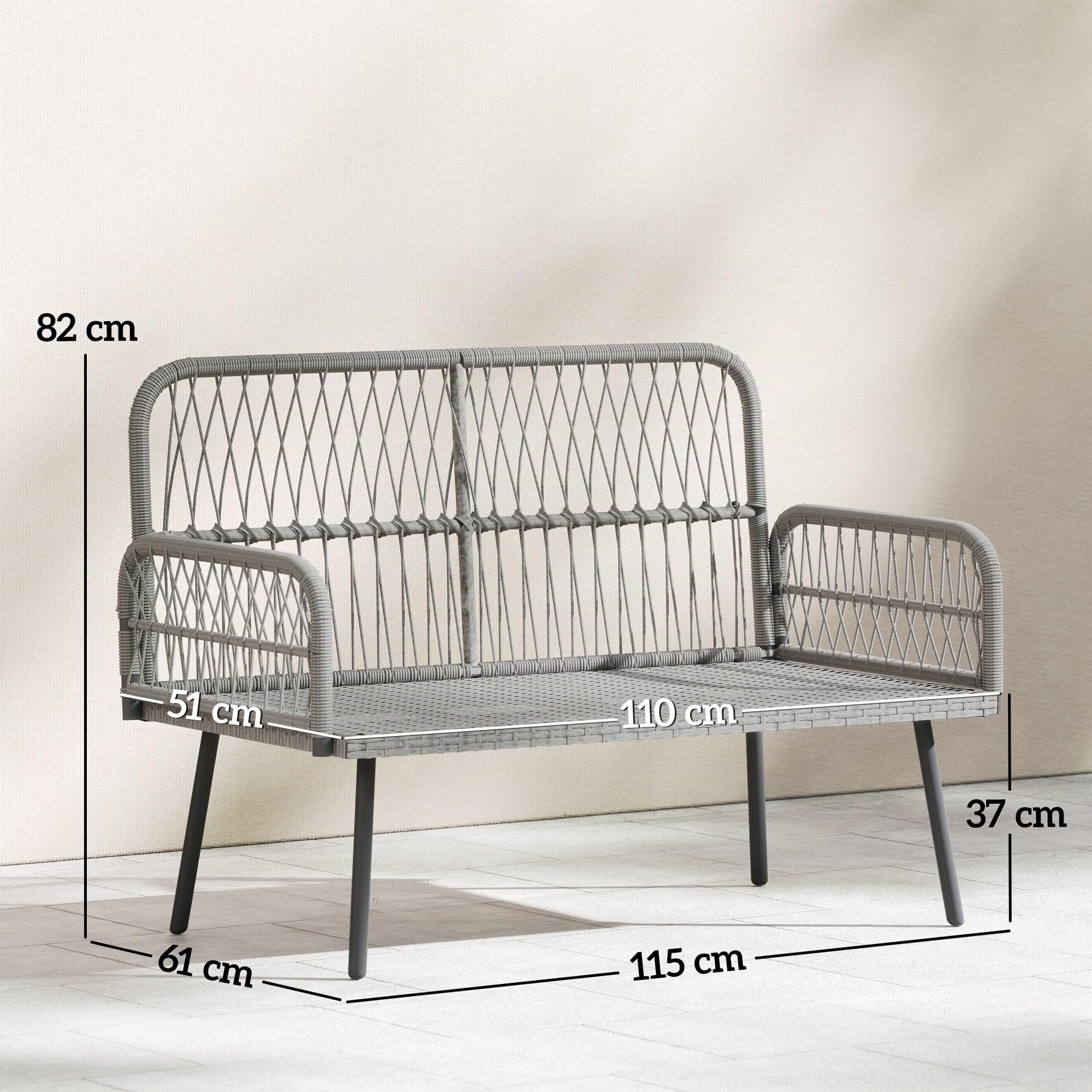 Outsunny Gartensofa mit Kissen und Kopfkissen, 2-Sitzer aus geflochtenem Kunststoff, Outdoor-Sofa mit Armlehnen, Rahmen aus verzinktem Stahl für den Balkon, dunkelgrau