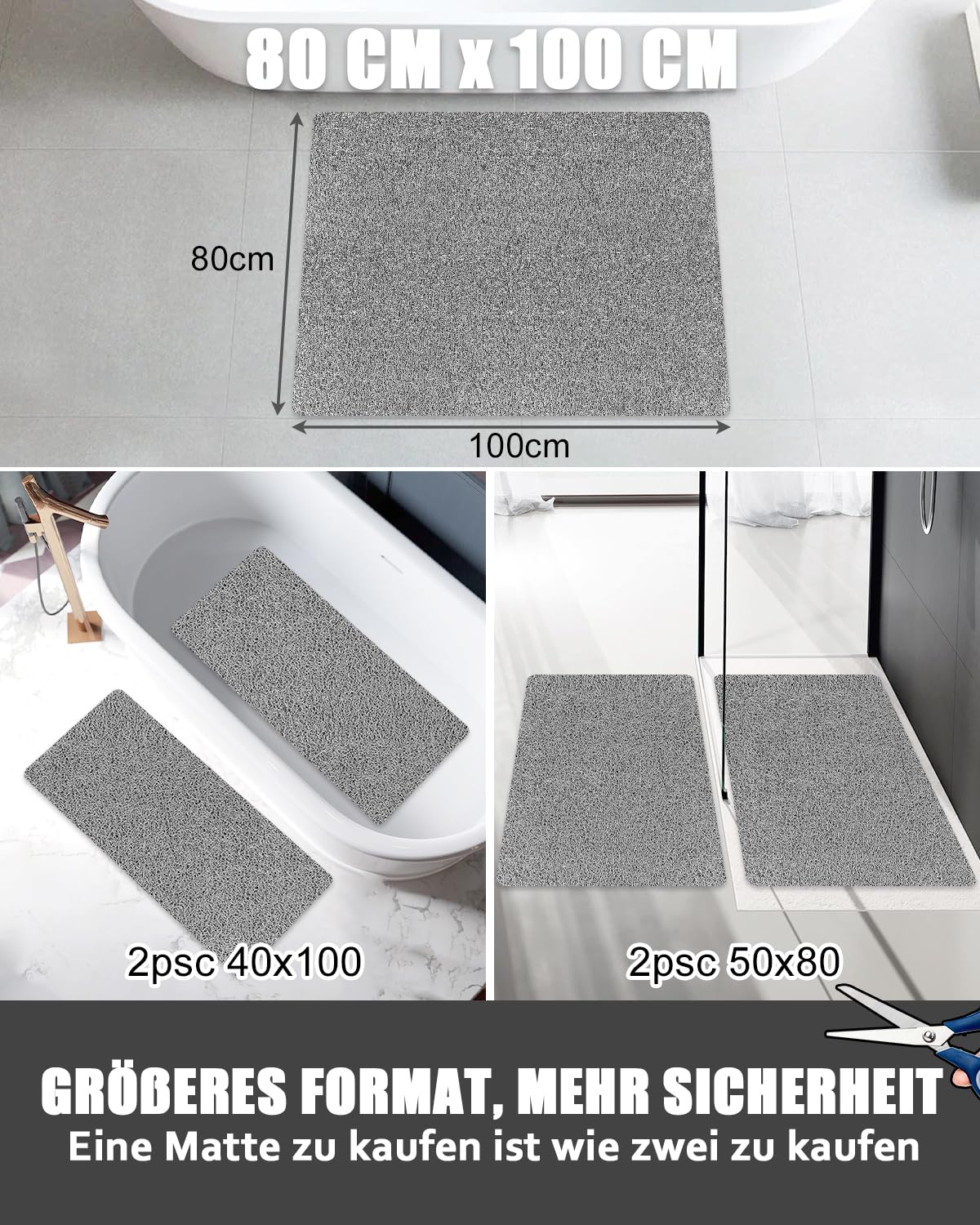Duschmatte rutschfest 80 x100 cm - Extra Groß Sicherheits Badewannenmatte mit Ablauflöchern, Weich Komfort PVC-Luffa Massage Antirutschmatte für Dusche, Schnell trocknend
