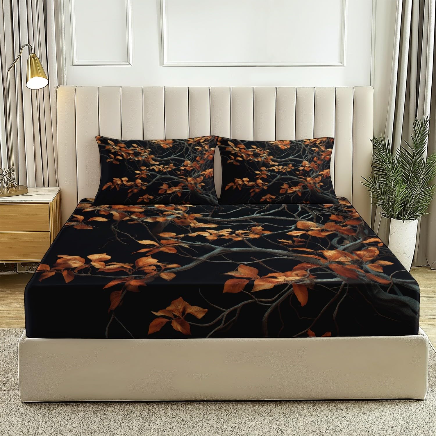 Drap Housse Set 140 x 190 cm, Respirant Résistant Drap-Housse Nature Branches Cinématographie Thème - Noir Drap de Lit Convient aux Matelas Jusqu'à 30 cm D'épaisseur