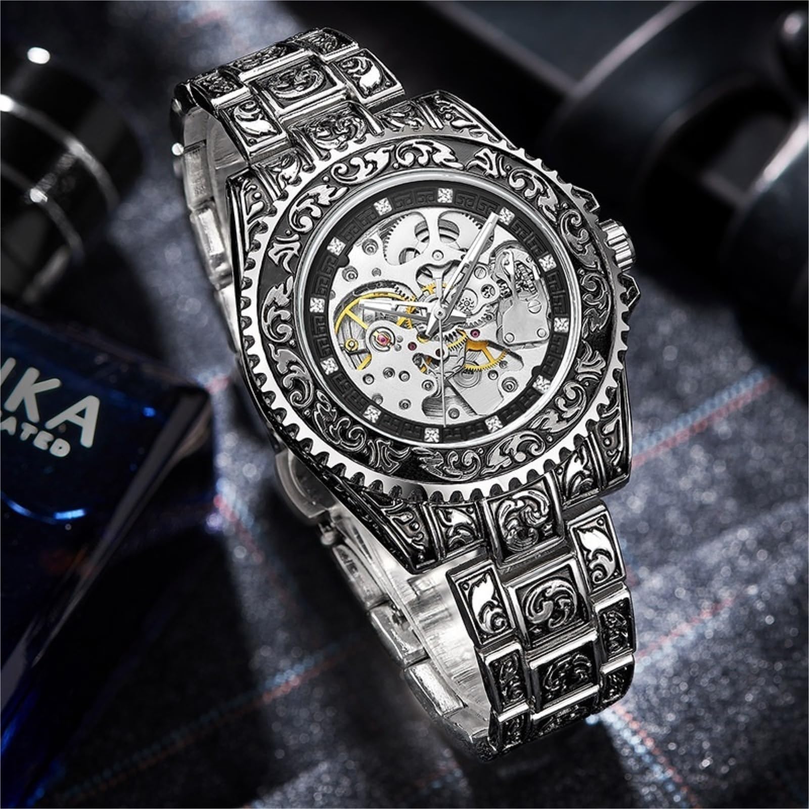 Męski automatyczny zegarek szkieletowy - 43 mm ze stali nierdzewnej, grawerowana tarcza w stylu retro, wodoodporny