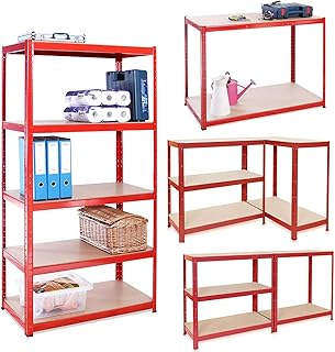 180x90x40cm Adjustable Shelving Shelf Racking Red, 5 Tier Boltless Metal Steel Garage Shelving Racking Shed Office Warehouse Utility Room Storage Unit (175kg Capacity per Shelf)