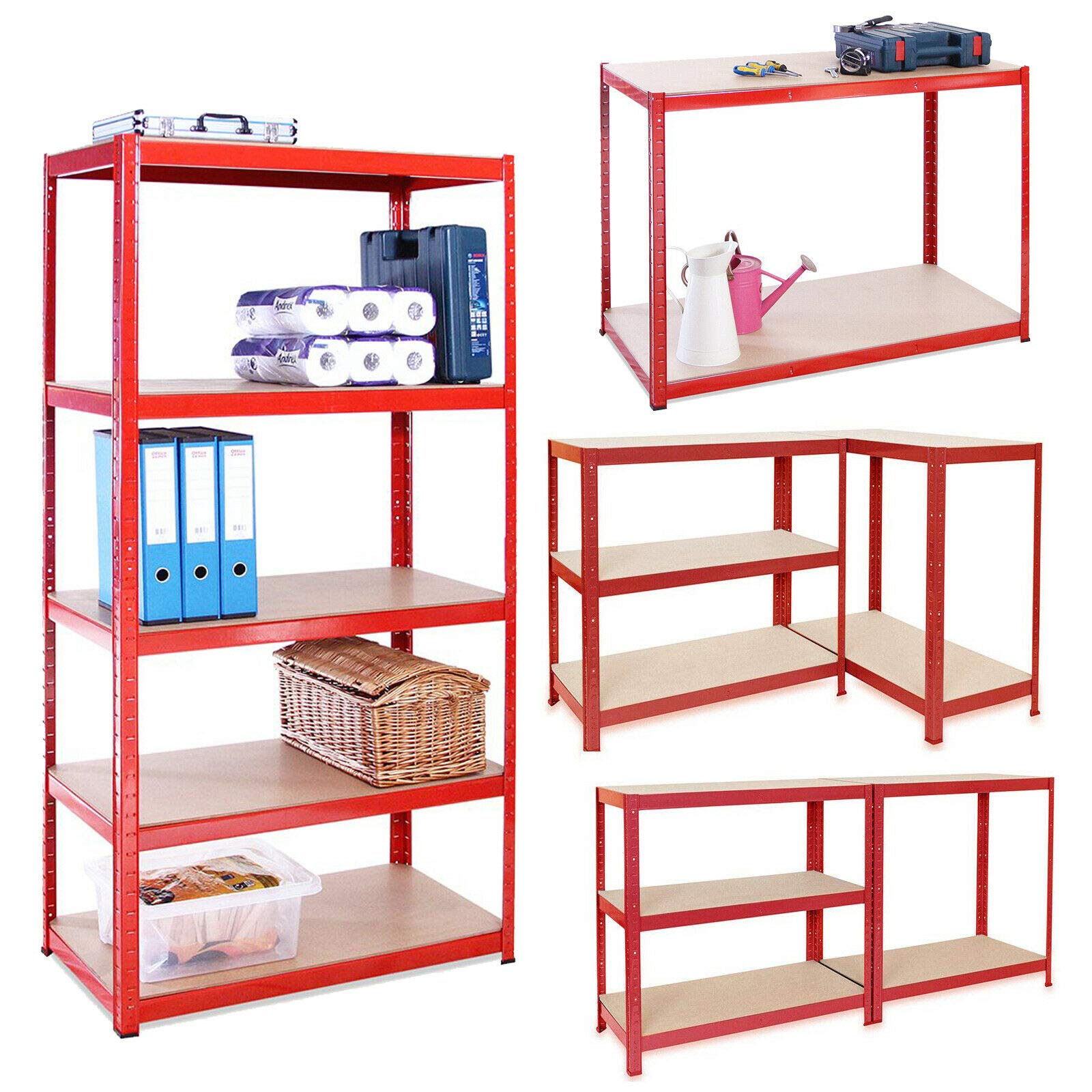 180x90x40cm Adjustable Shelving Shelf Racking Red, 5 Tier Boltless Metal Steel Garage Shelving Racking Shed Office Warehouse Utility Room Storage Unit (175kg Capacity per Shelf)