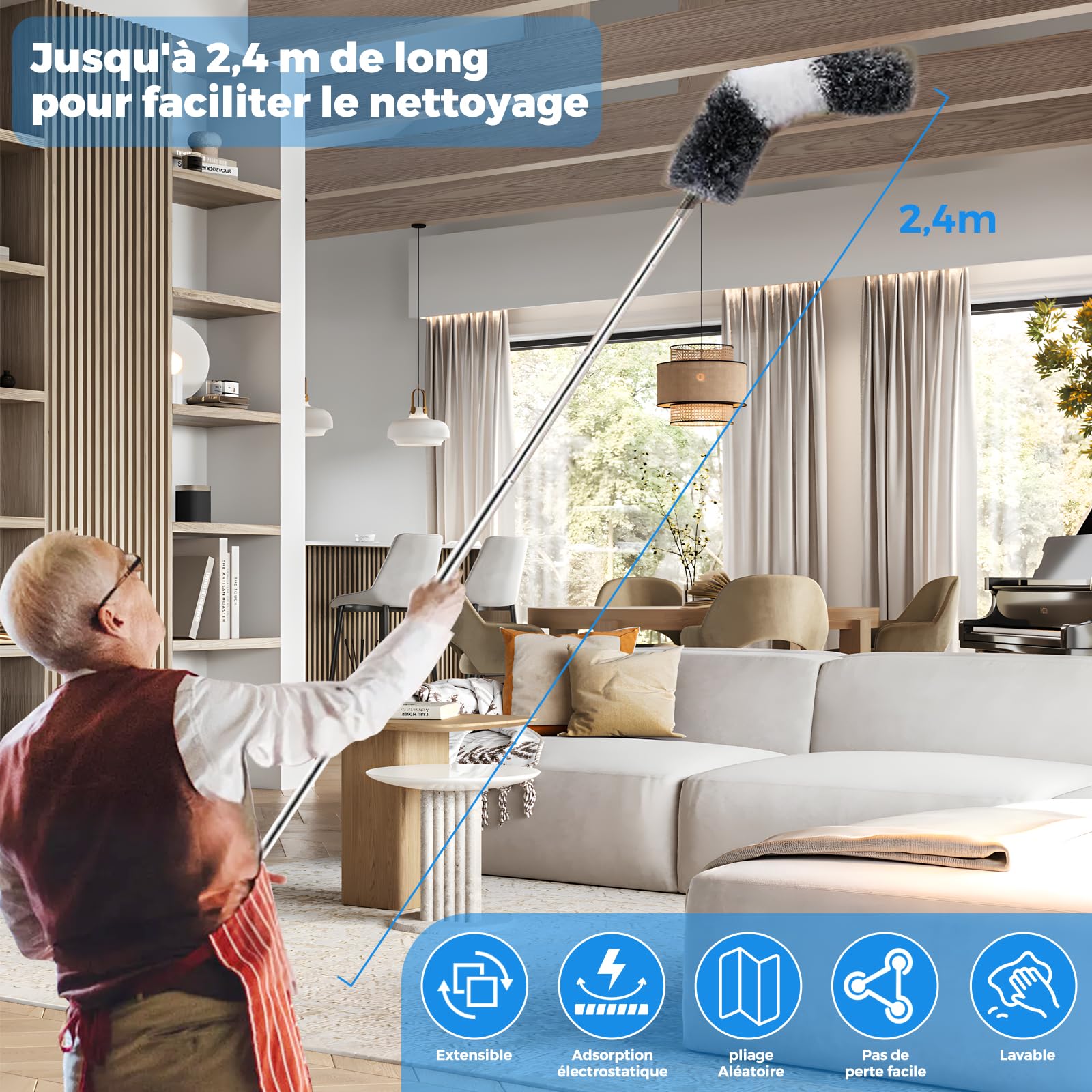 Set 7 Pezzi Spolverino Telescopico Con Testa In Microfibra, Asta Lavabile Fino A 256 Cm Per Tende E Soffitti, Kit Pulizia Casa Completo