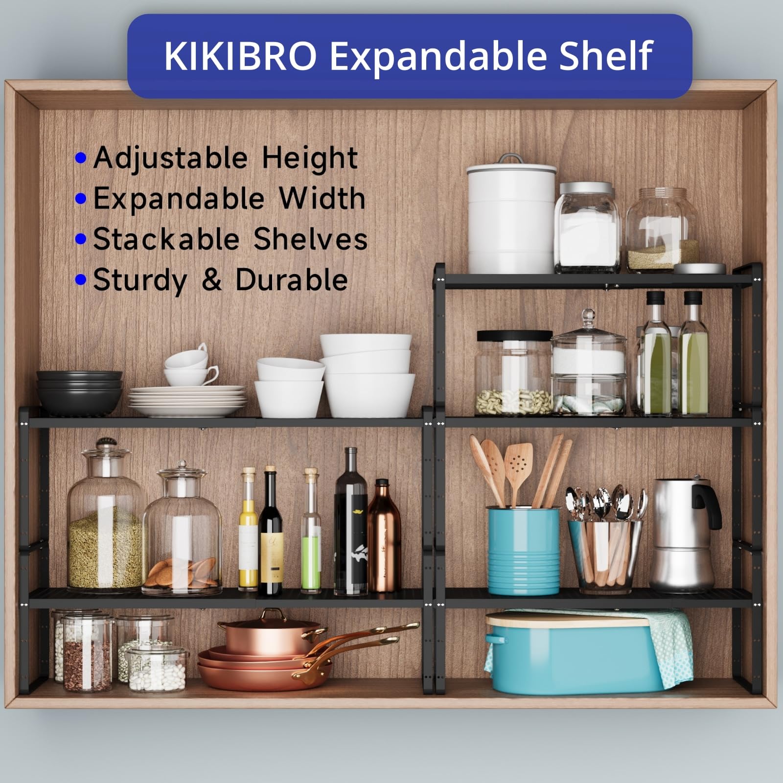 Erweiterbares stapelbares Regal, Theken-Organizer, Gewürzschrank, Speisekammer, Regal, Schrankständer, Aufbewahrungsregale, Badezimmer, Küche, Arbeitszimmer, Zubehör, 36,3 kg, strapazierfähig,