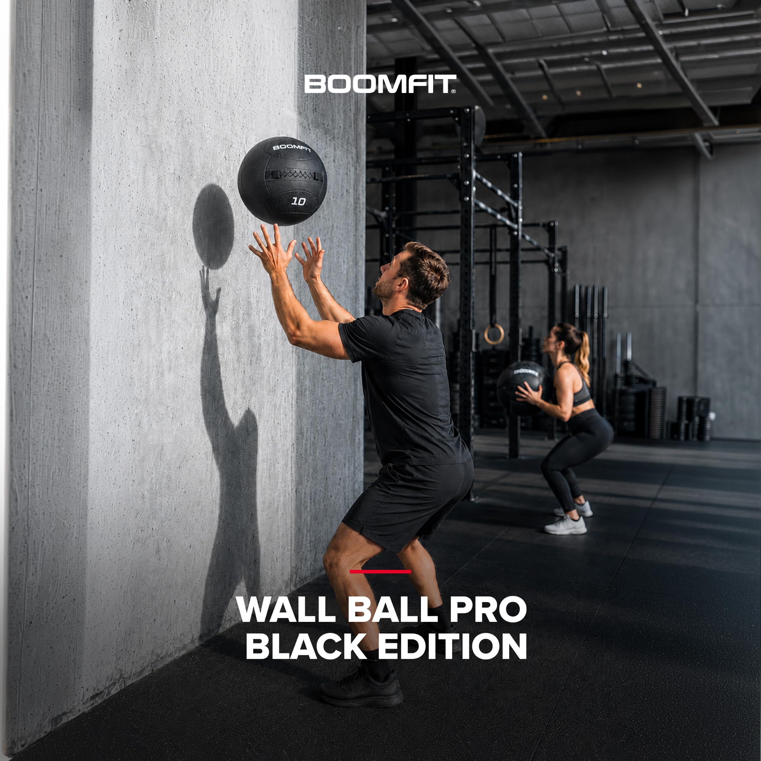 BOOMFIT Wall Ball Pro Black Edition | Medizinball Crossfit & Hyrox | PVC rutschfest, doppelte Kordelnaht und versiegelte Füllung. Schlaufen zum Aufhängen. 2 bis 12 kg für Box und Zuhause