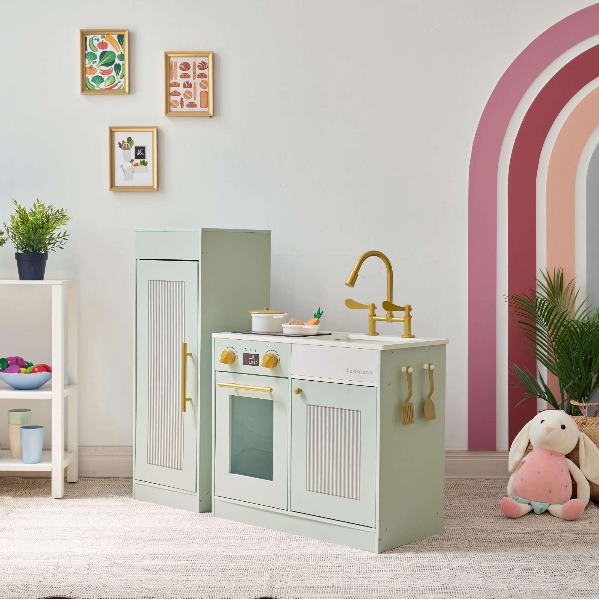 Teamson Kids Little Chef Chester Kinderküche in Grün mit Zubehör, Spielküche für Kinder aus Holz mit Herd, Backofen und Stauraum | mit Zubehör, Spielküche aus Holz, mit Herd, Backofen, Stauraum