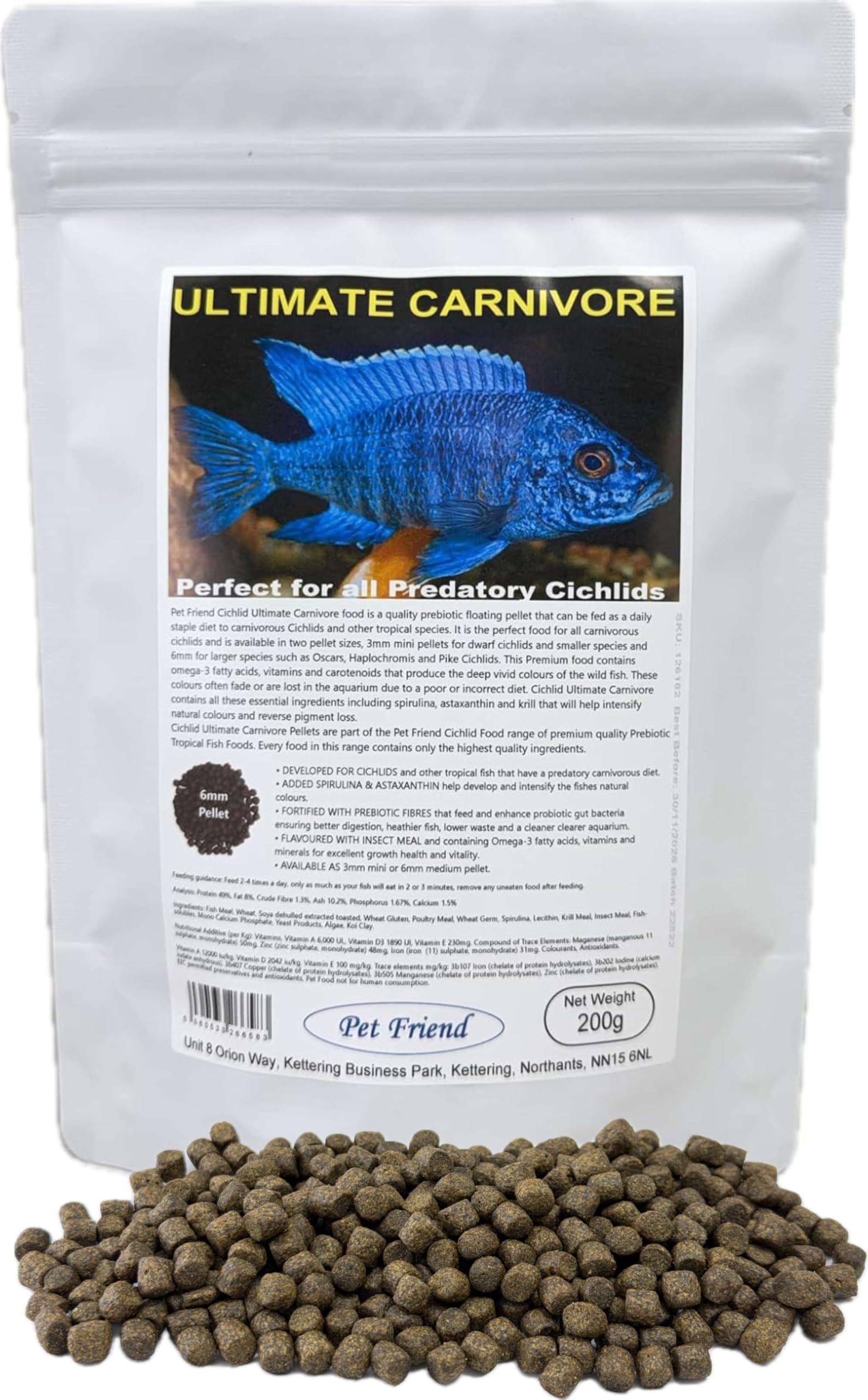 Pet Friend Ultimate Carnivore Cichlid Food 6mm Pellets 200g High Growth 49% Protein With Prebiotics That Feed Probiotic Gut Bacteria For Healthier Fish & Cleaner Clearer Water