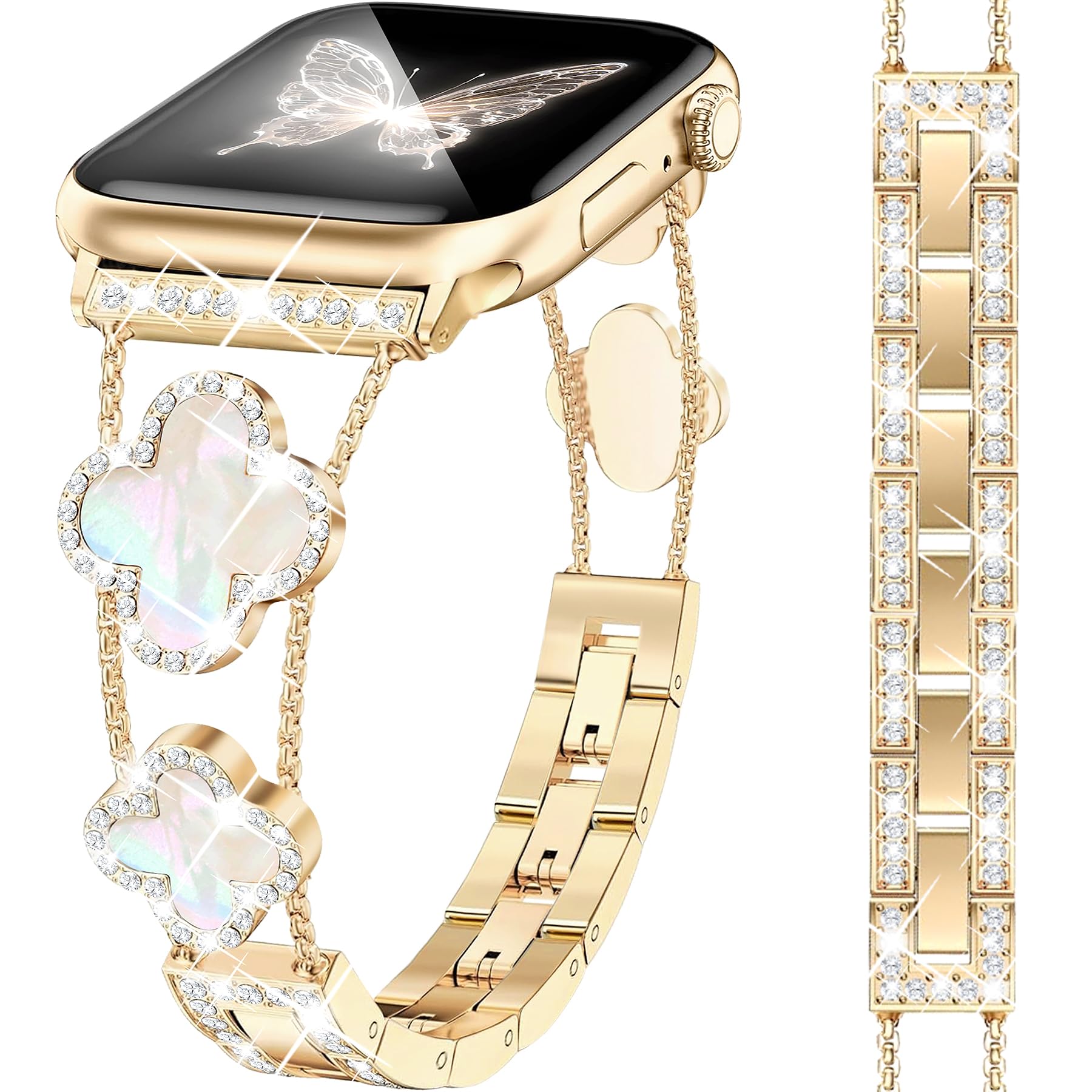 MOINSPIRE Bling Diamond Clover Bands Women Compatible with Apple Watch 40mm 38mm 41mm 42mm Lucky Cute Sparkle Dressy Bracelet Metal Strap for iWatch Series Ultra/SE/10/9/8/7/6/5/4/3/2/1, Gold