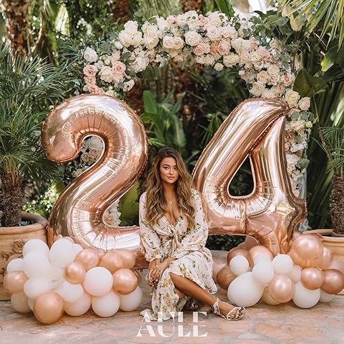 Miniatura 4 de AULE Globos grandes de 40 pulgadas con el número 24 de color oro rosa, globos gigantes de helio para fiesta de cumpleaños 24 para mujeres, enormes