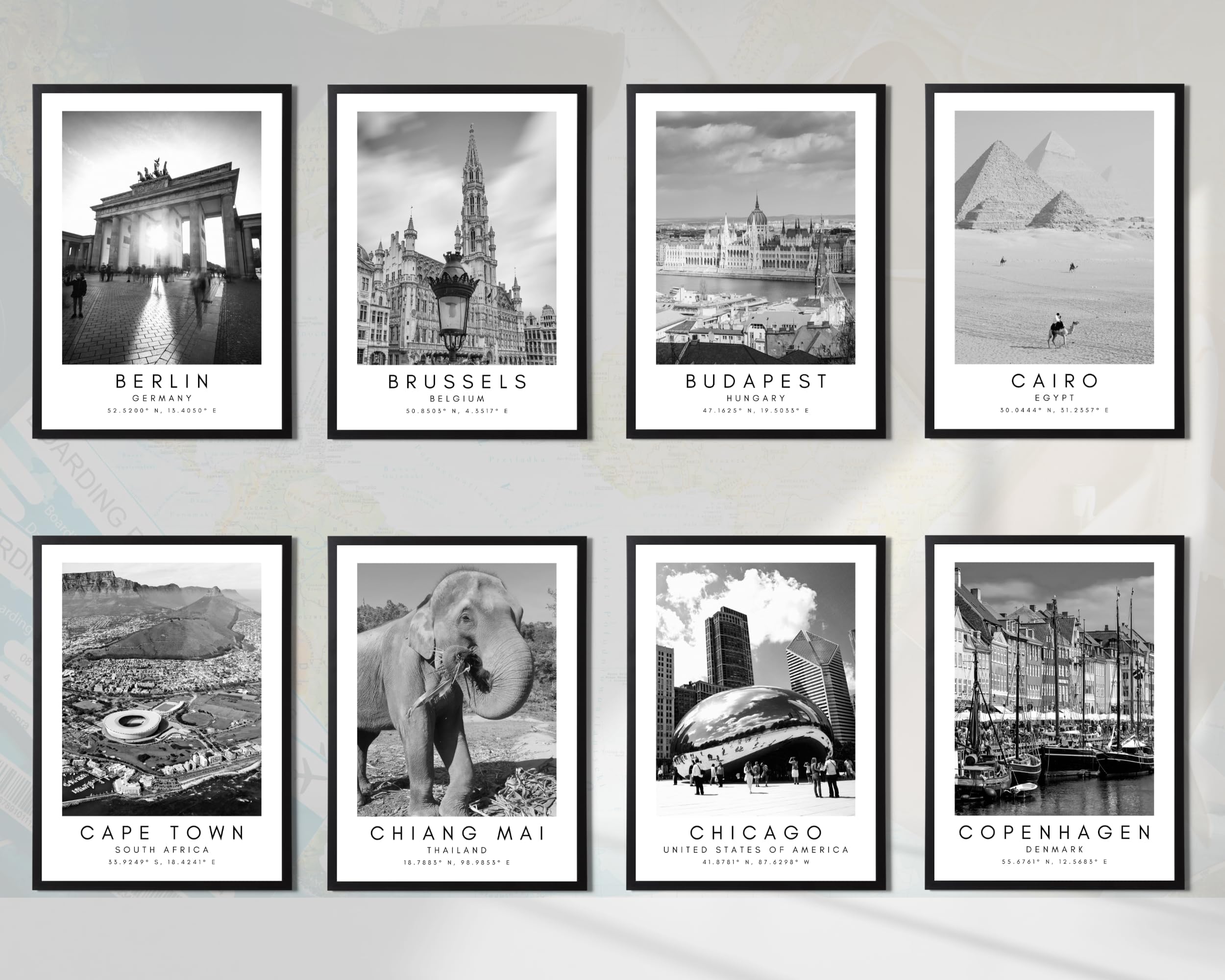 State Media Vision Custom City Landmarks Prints in Black & White, Selection of 80 Global Cities, Travel Destination Posters with Coordinates (Set of 4 A4 Black Framed)