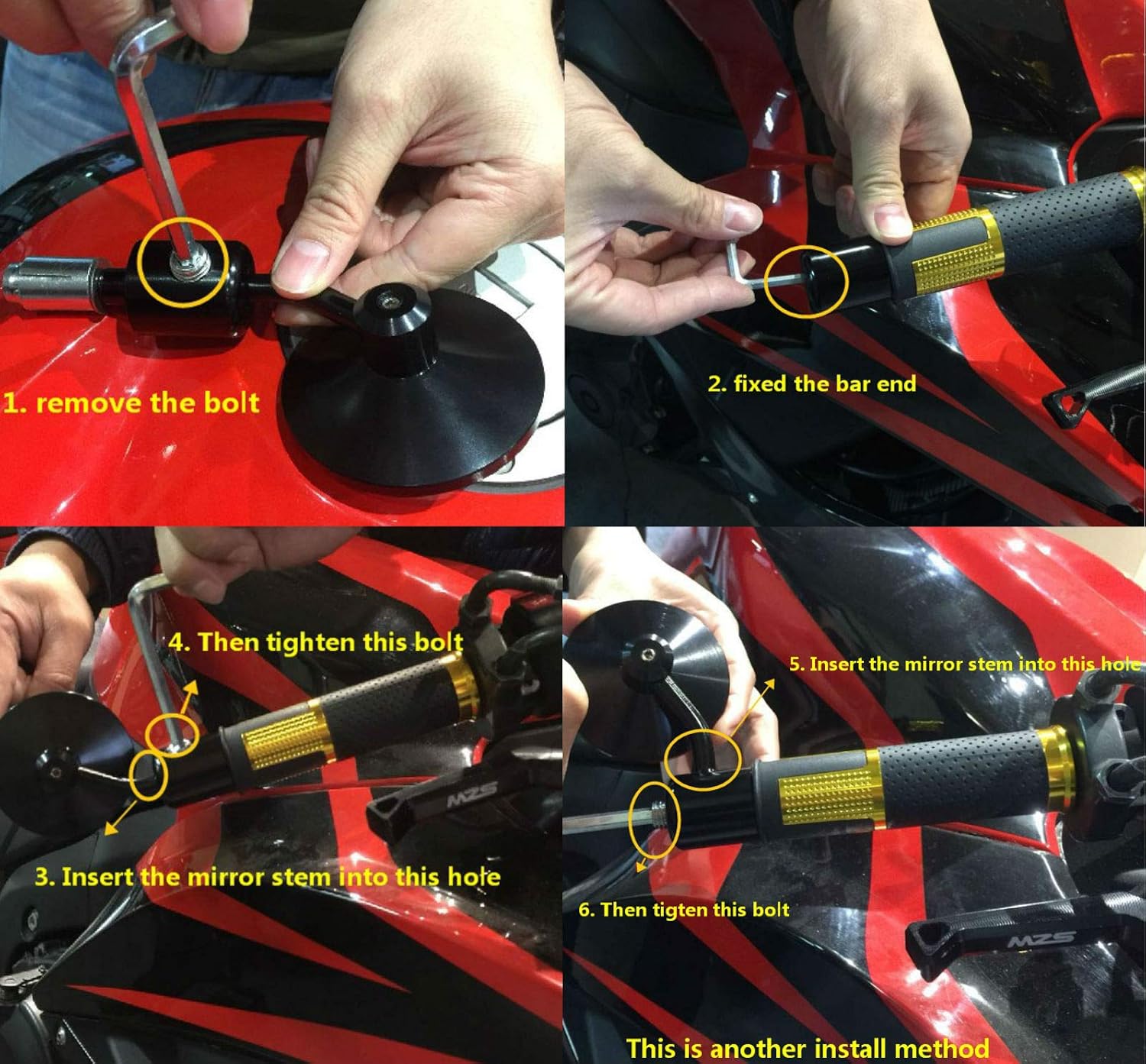 MZS Round Bar End Mirrors 7/8 Motorcycle Rear View Mirror Hollow Classic CNC Black Compatible with Street Sport Naked Road Bike Cruisers Touring Scooter