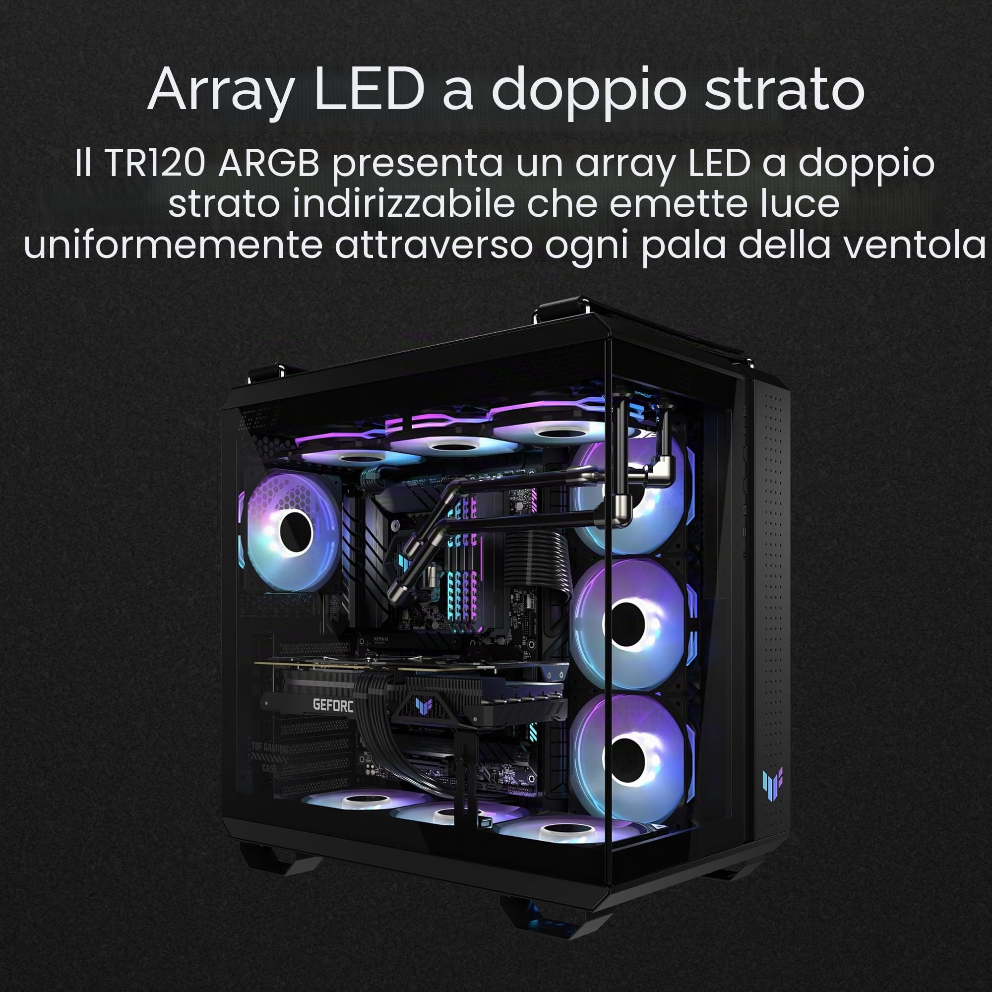 ASUS TUF GAMING TR120 FAN ARGB REVERSE BLK 3IN1, Ventole Nere, 3 Pezzi | Pale Invertite, Dimensioni 120x120x28mm, Pressione Statica 3,3mm H2O, Design a Doppio Strato con 16 LED RGB, Controllo PWM