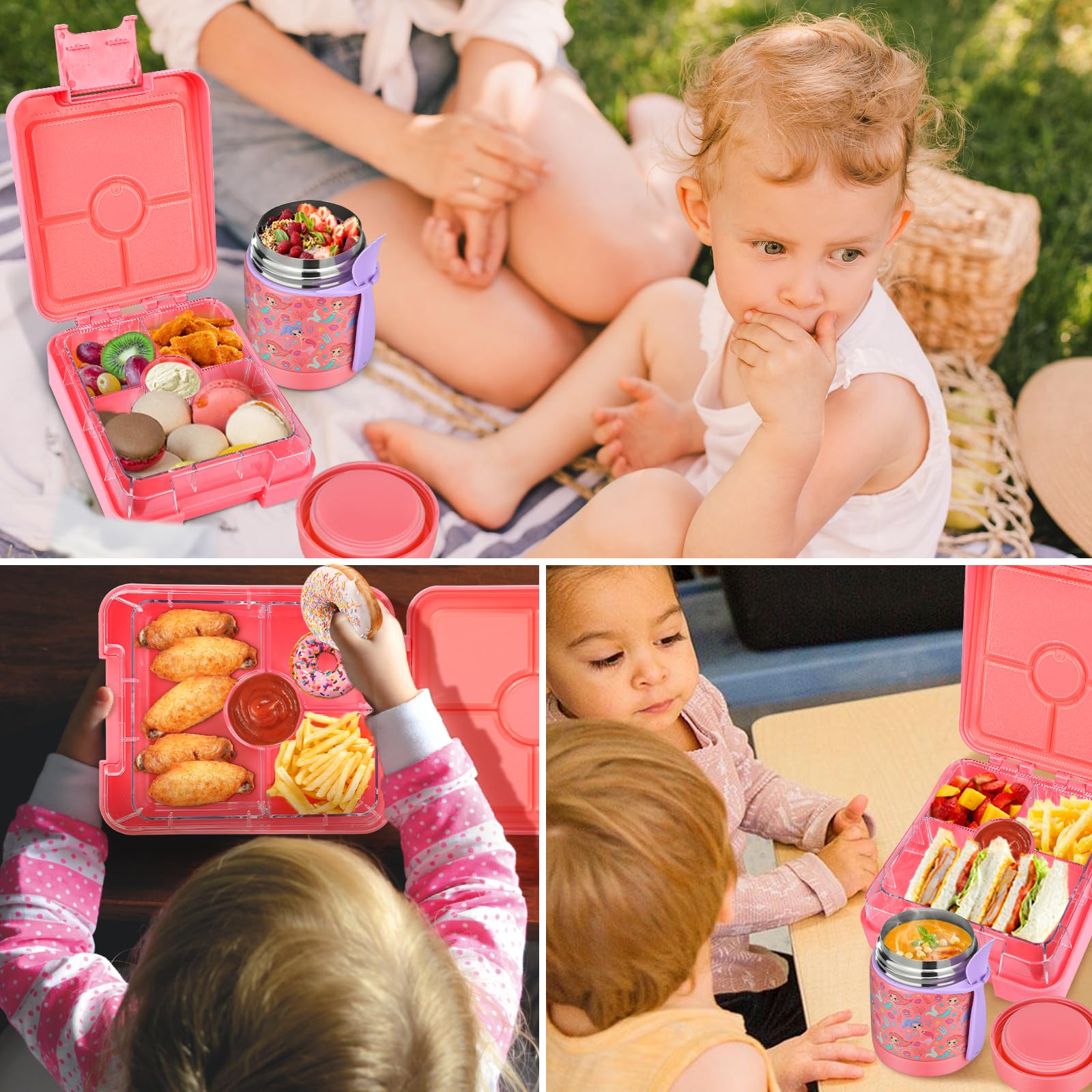 Szczelne izolowane pudełko na lunch Bento dla dzieci z termosem do zupy 295 ml, izolowana torba na lunch, 4-komorowy pojemnik na lunch i termos słoik na żywność dla dzieci do szkoły, bez BPA, materiały bezpieczne dla żywności (syrenka)