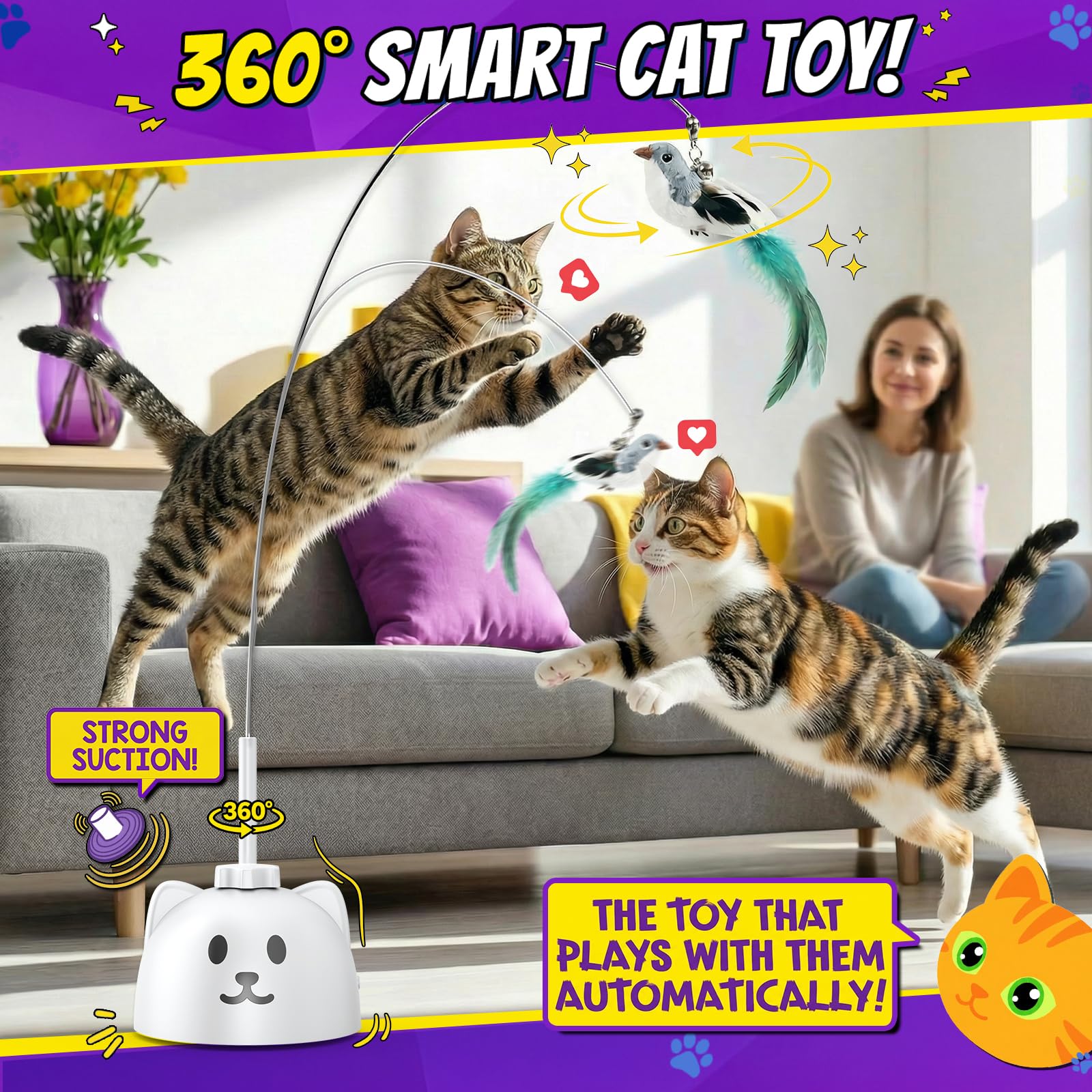 Juguetes interactivos para gatos de interior: varita de plumas de pájaro volador de giro automático de 360° mejorada con varilla protegida de silicona, fuerte ventosa de 8 cm, recargable por USB para