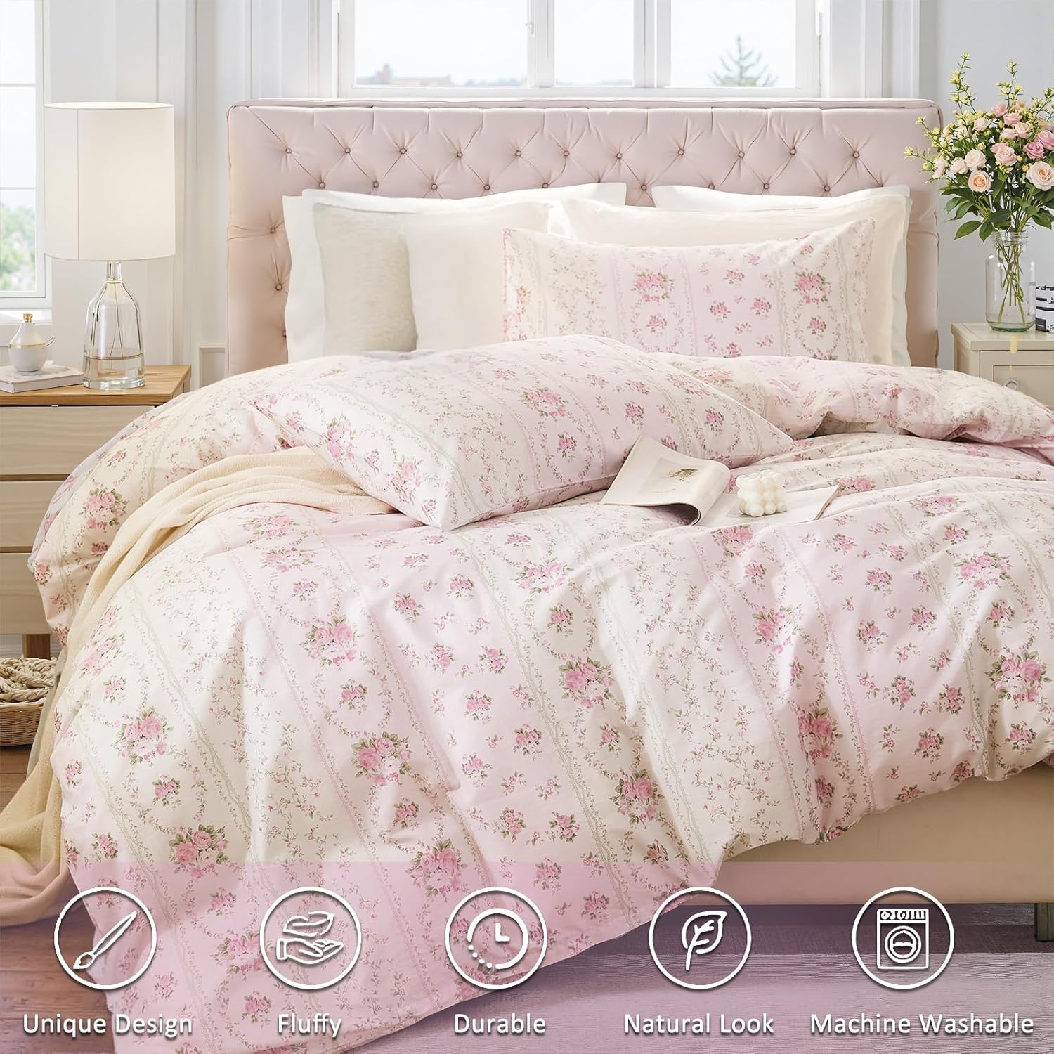 Duvet Cover Queen Size - 100% Cotton Reversible Floral Duvet Cover Set with Zipper Closure, 3 Pieces Soft & Breathable Pink Aesthetic Bedding Set