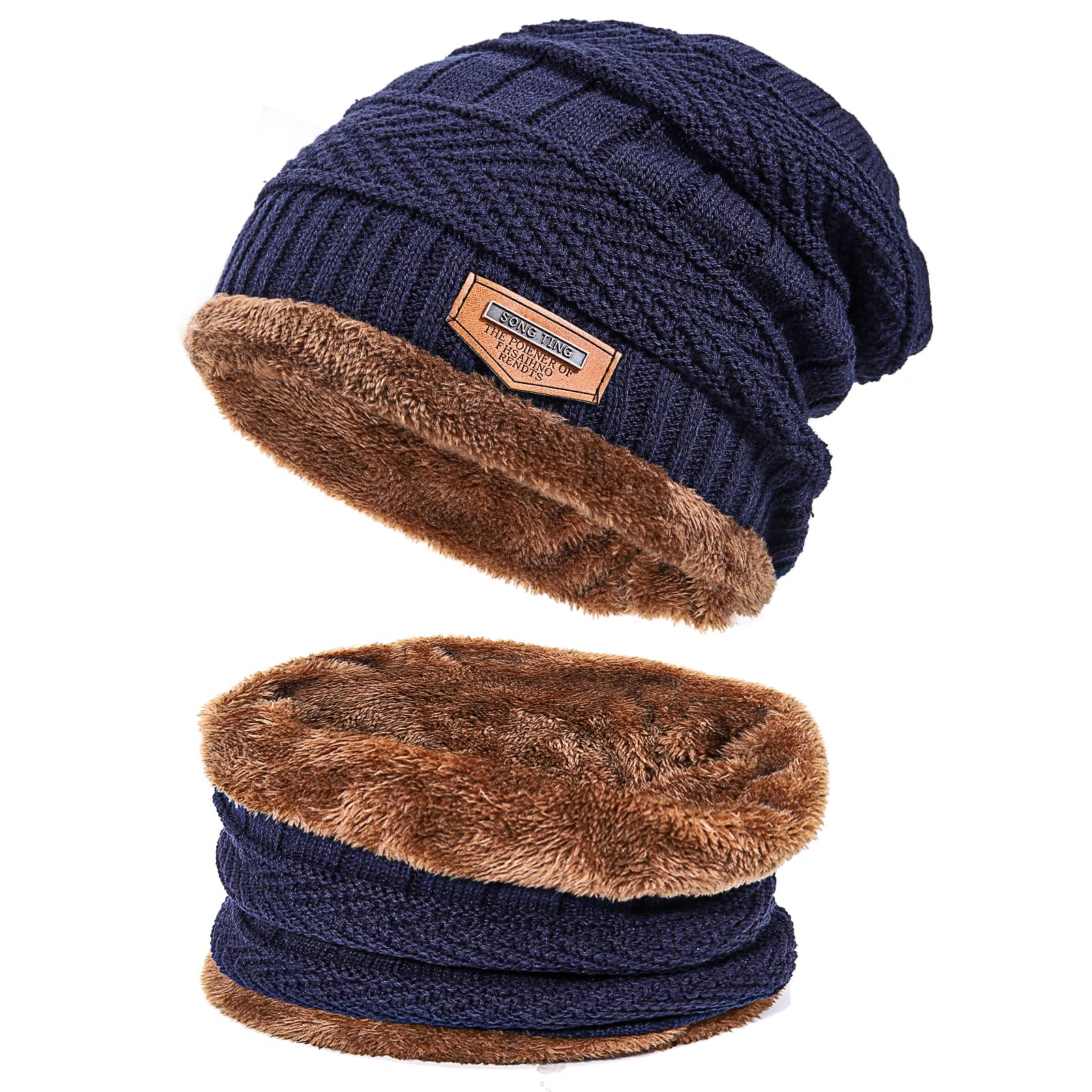 Winter Beanie Hat Scarf Set,Fleece Lined Warm Hat Neck Warmer,Thick Skull Cap Knit Beanie for Men Women