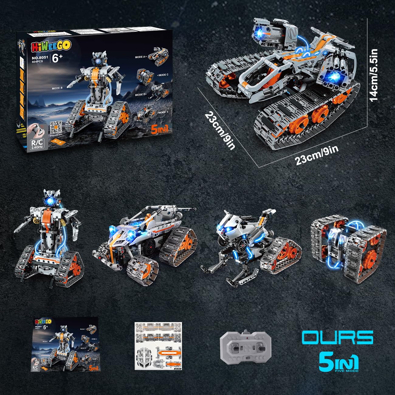 HiWEEGO Kit de construcción de Robot 5 en 1 luz LED, aplicación y Mando a Distancia, Juguete robótico Recargable para niños de 6 a 12 años, cumpleaños