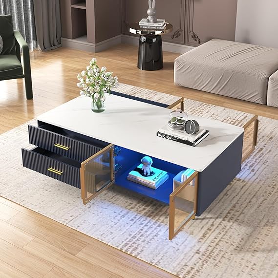 Amazon.com: 47.2" Modern Navy Blue Coffee Table with 2 Glass Door ...