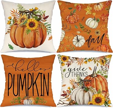 Fall Sunflower Pumpkin Throw Pillow Covers 18x18 Set of 4 Autumn Leaves Harvest Thanksgiving Cushion Case Decorations for Sofa Couch