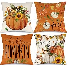 Fall Sunflower Pumpkin Throw Pillow Covers 18x18 Set of 4 Autumn Leaves Harvest Thanksgiving Cushion Case Decorations for Sofa Couch