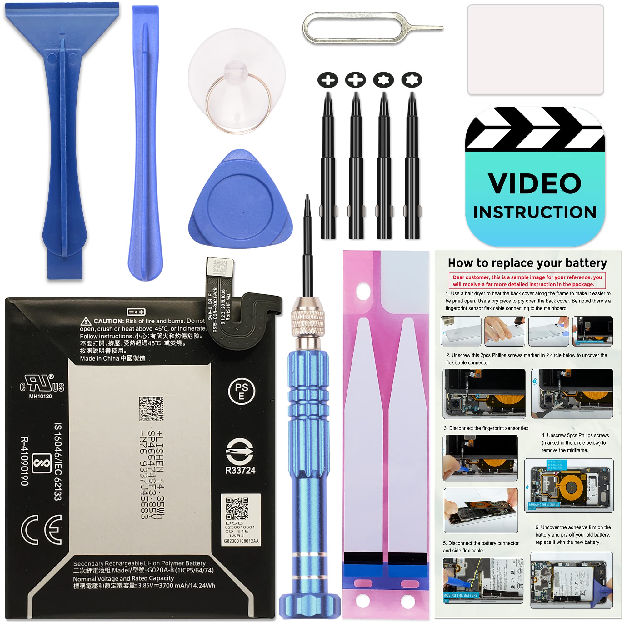 Only for Pixel 3A XL Battery Replacement, with Video Tutorial, G020A-B Battery for Google Pixel 3A XL with Installation Instruction & Repair Toolkit