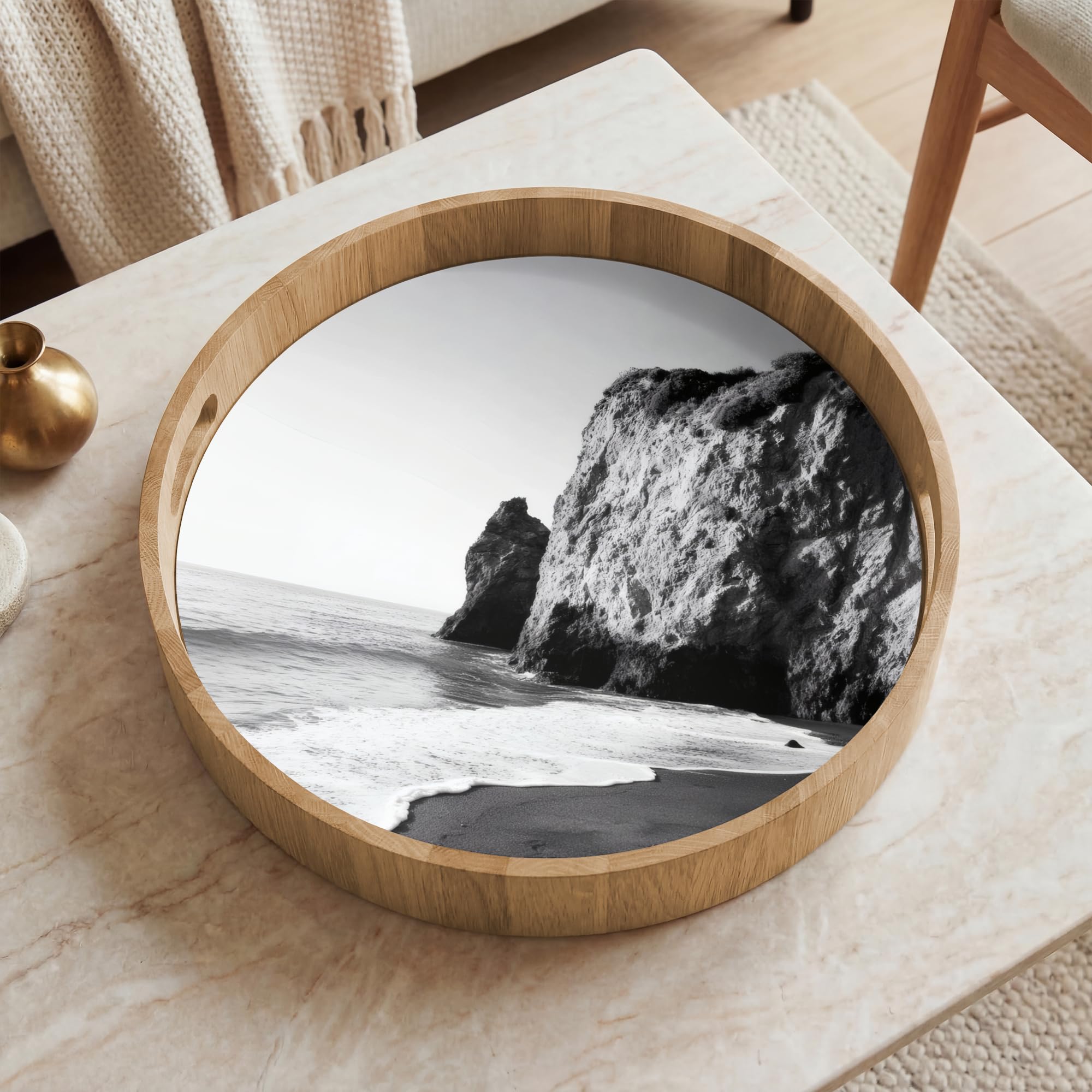 Bandejas para Servir Comida Redonda 40x40 cm Bandeja Desayuno Decorativa Cafe Tabuleiro Resistente A Los Arañazos Antideslizante Playa - Acantilado - Olas - Pisadas
