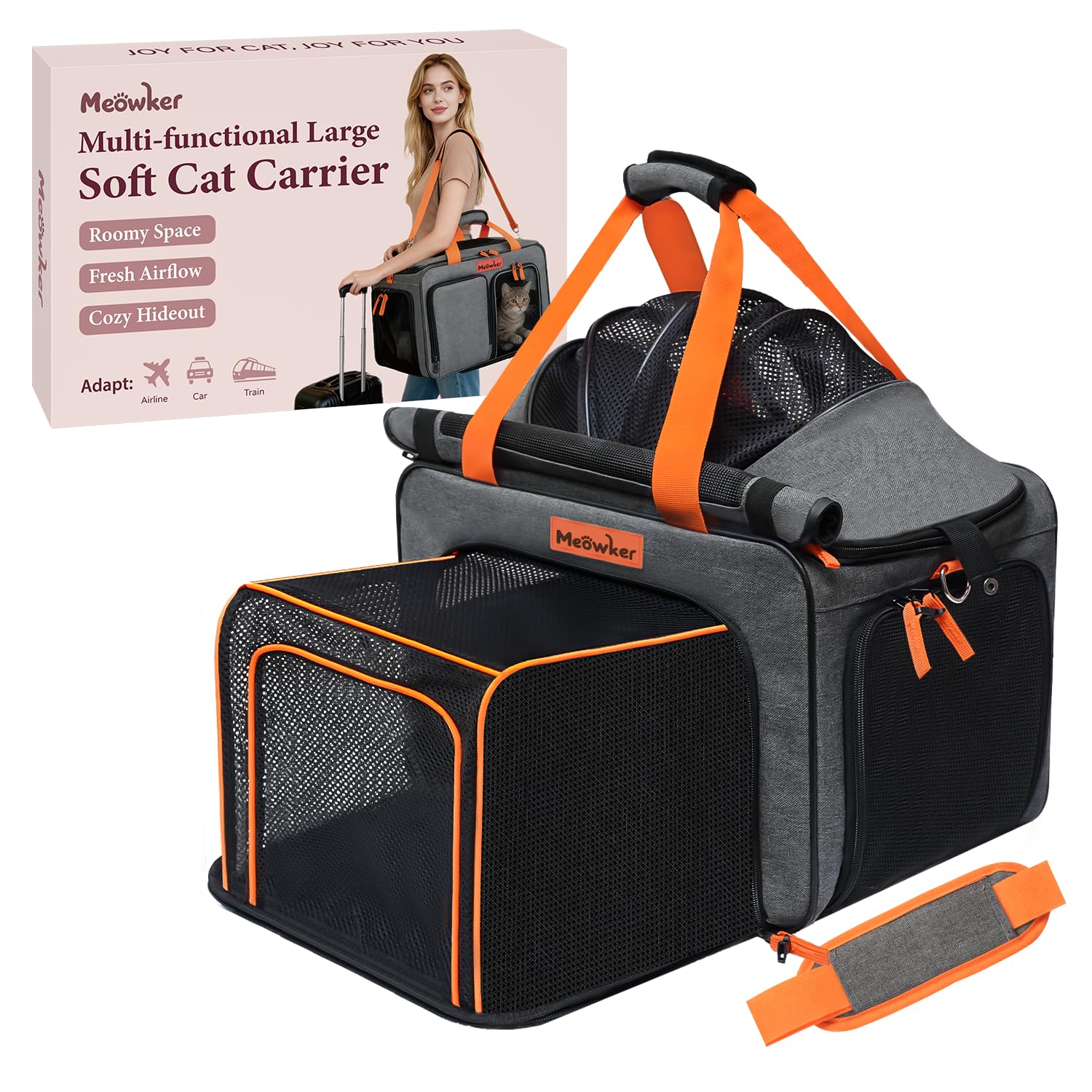 Meowker Cat Pet Carrier Soft Sided Bag Airline Approved, Foldable Travel Large Carrier for Small Kittens Medium Cats Up to 13 Lbs, Expandable Carrying Case for Car, Comfortable for Transport