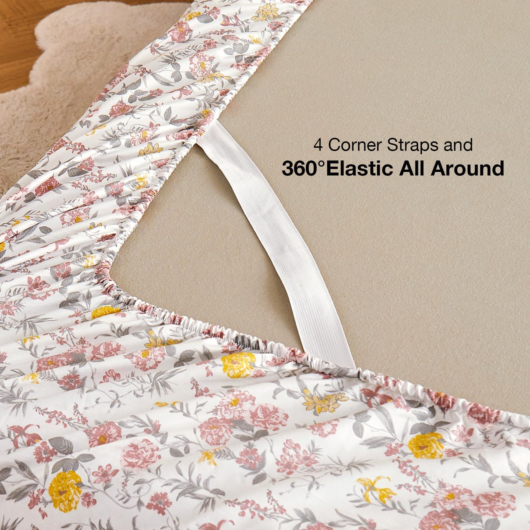 Juego de sábanas de 4 piezas con estampado de flores rosas y amarillas vintage, sábanas de microfibra suave y transpirable con bolsillo profundo, sábanas bajeras y fundas de almohada 5