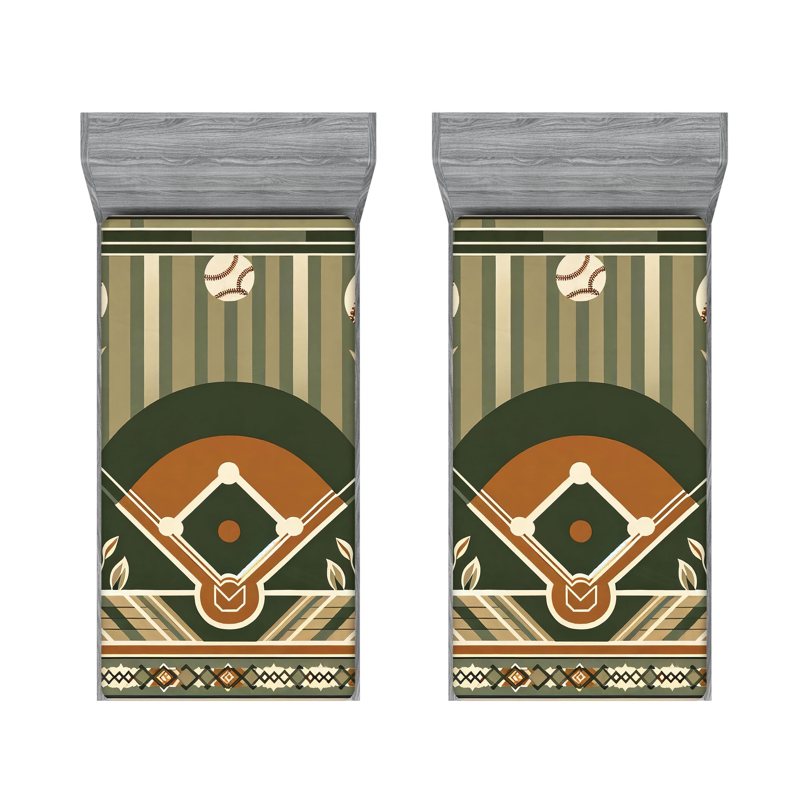 Ambesonne Baseball 2 Pack Fitted Sheet, Field Balls Leaves Print, Bed Cover All-Round Elastic Deep Pockets 2 Pieces, Package Contains 2 Twin XL Size Fitted Sheets, Olive Green Cinnamon