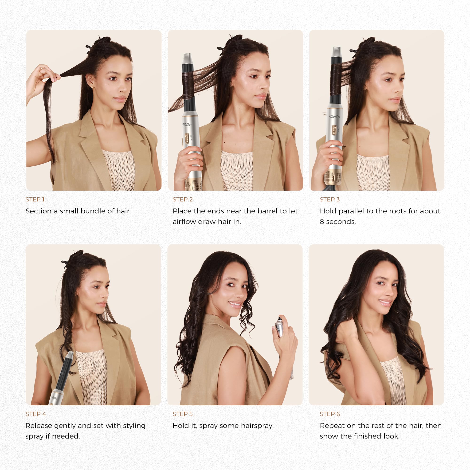 UKLISS 5 in 1 Hairstyler - Airstyler Pro Hair Styler Set 1000w Haarstyler | Rundföhnbürste zum Trocknen und Stylen mit Air Curler, Föhnbürste, Warmluftbürste, Haartrockner, Glättbürste - Silber Gold