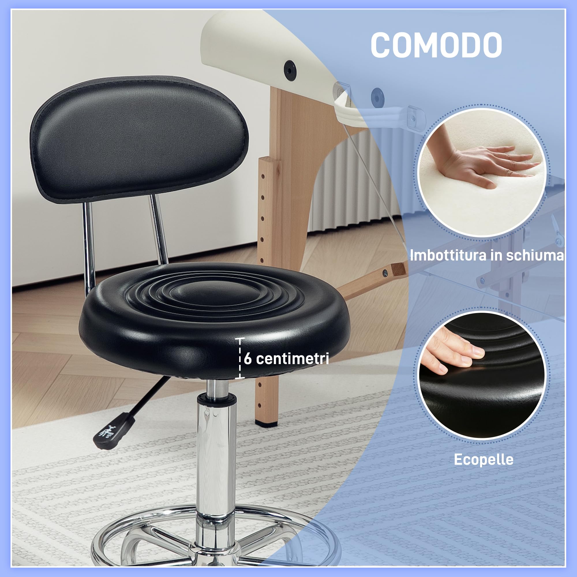 HOMCOM Sgabello Regolabile Girevole a 360°, Sgabello da Estetista con Schienale, Ruote e Poggiapiedi, in Acciaio, Finta Pelle, 32x40x70-86 cm, Nero