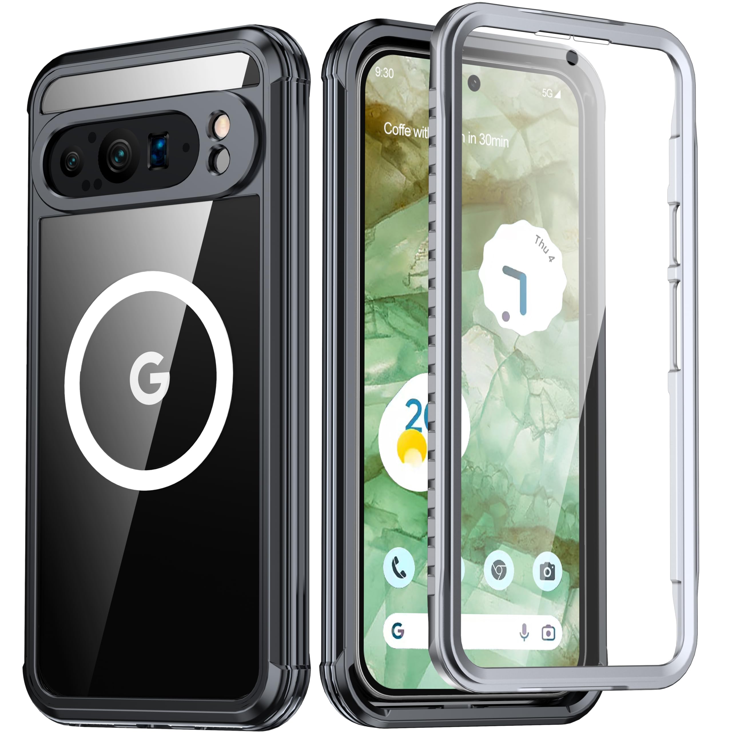 ANTSHARE for Google Pixel 9 Pro XL Case - with [Built-in Screen Protector] [Support MagSafe] Full Body Military Grade Shockproof Clear Back Magnetic Case for Pixel 9 Pro XL - Black