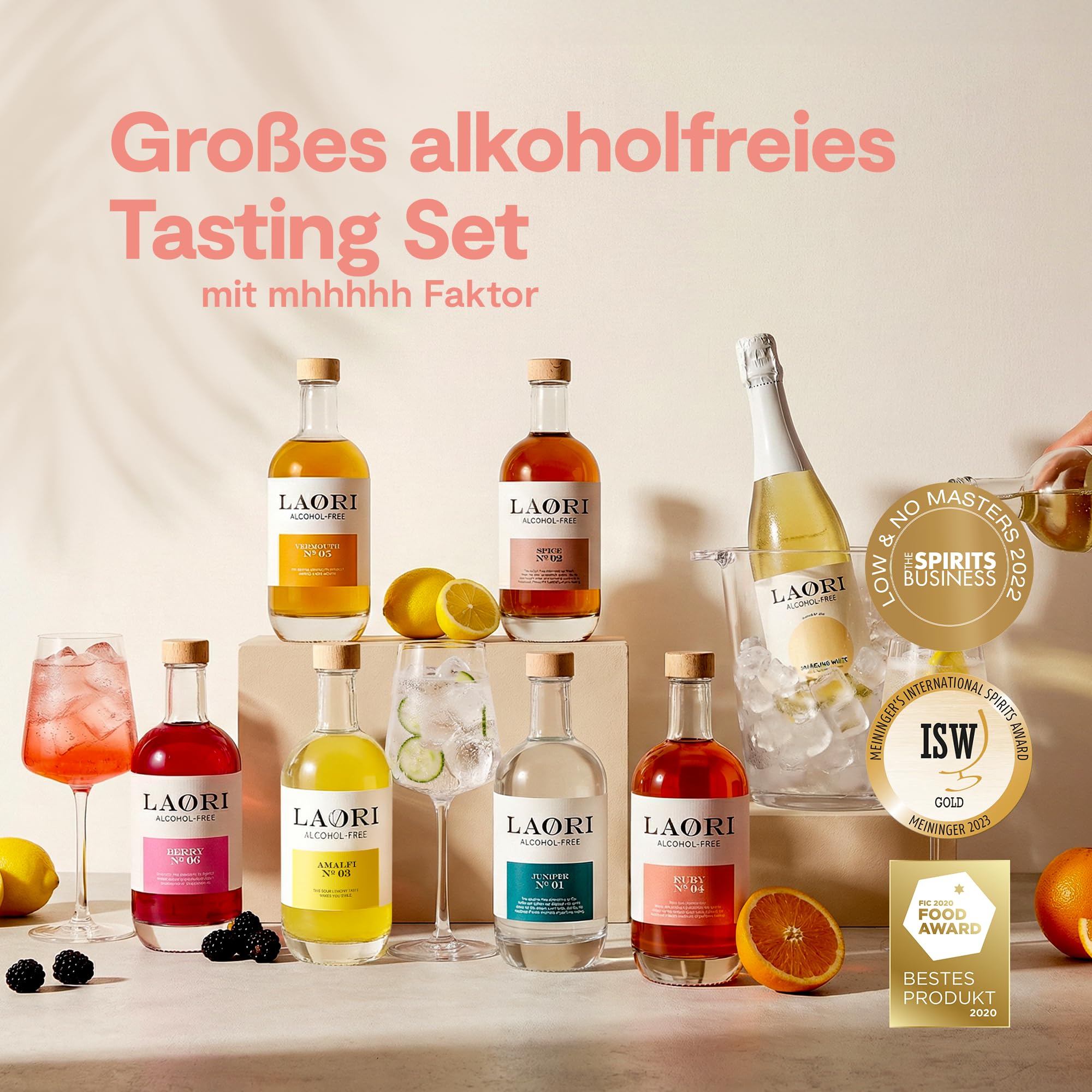 Laori Alkoholfrei Probierset Deluxe [6x 500ml, 1x 750ml] | Großes Probier-Set mit Ruby, Amalfi, Juniper, Spice, Vermouth, Berry & Sparkling White | Premium alkoholfreie Aperitifs & Sekt zum Entdecken